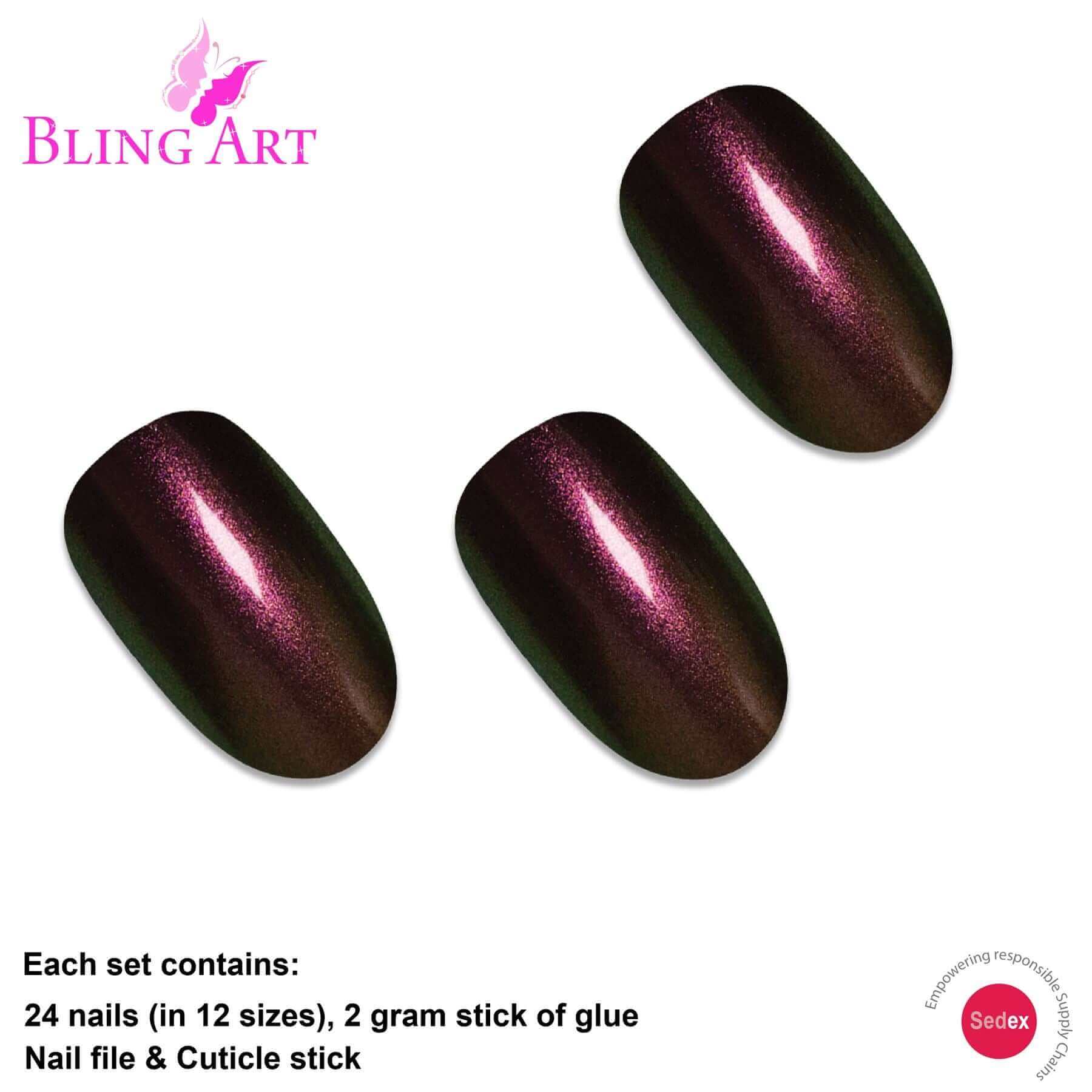 False Nails by Bling Art Gold Green Chameleon Oval Medium Fake 24 Nail Tips