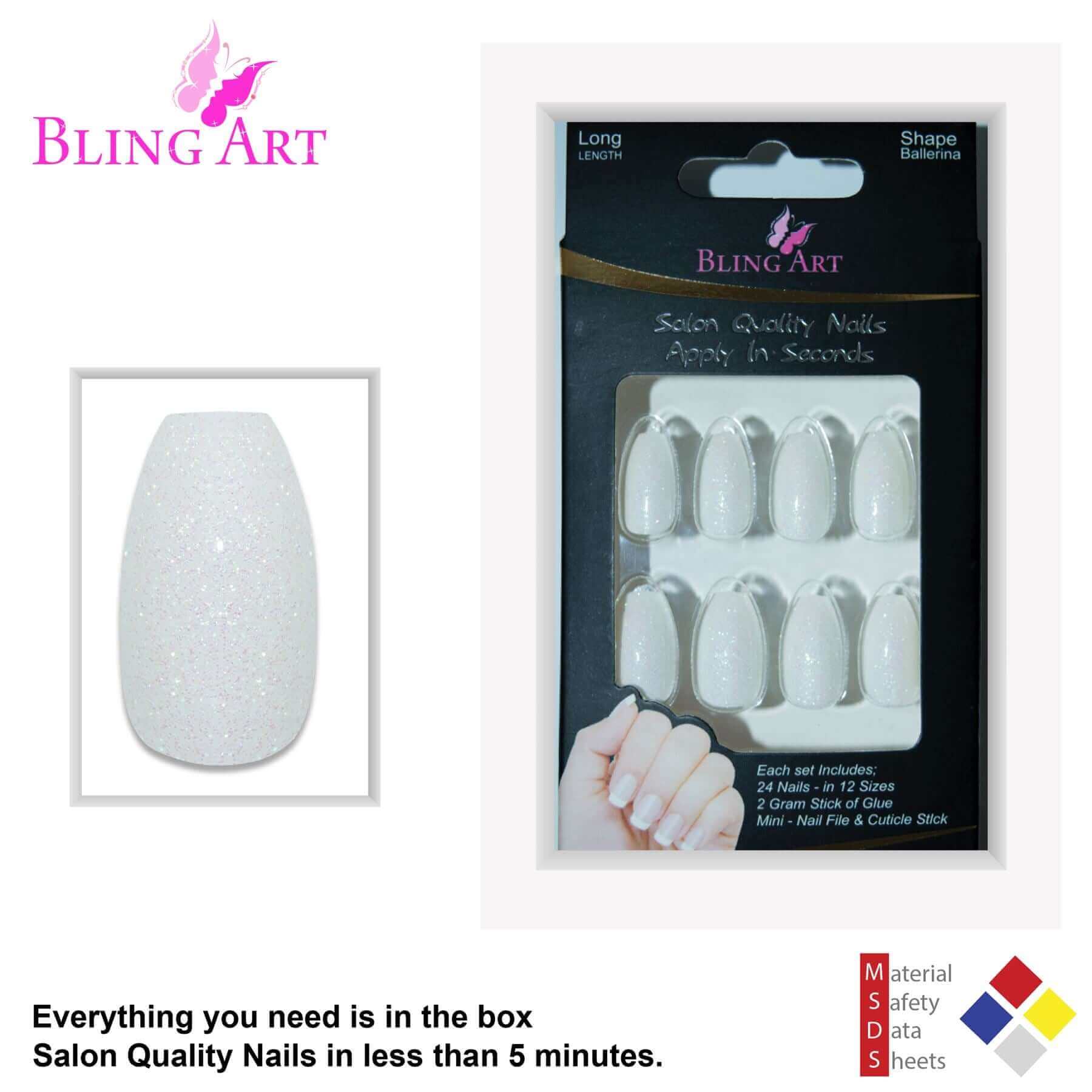 False Nails by Bling Art White Gel Ballerina Coffin 24 Fake Long Acrylic Tips