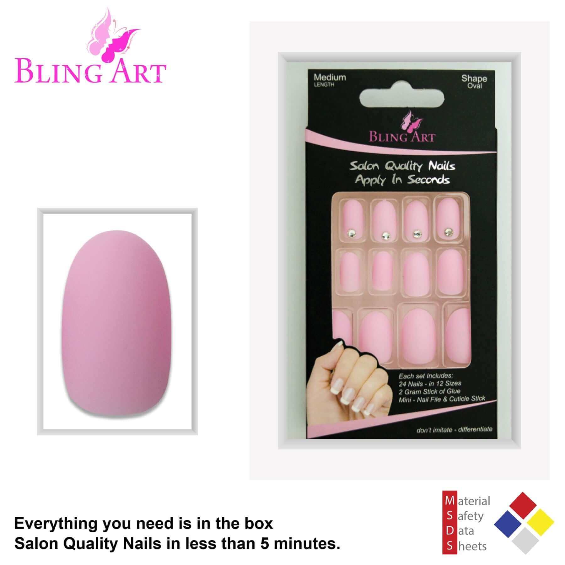 False Nails by Bling Art Pink Matte Oval Medium Fake Acrylic 24 Tips with Glue