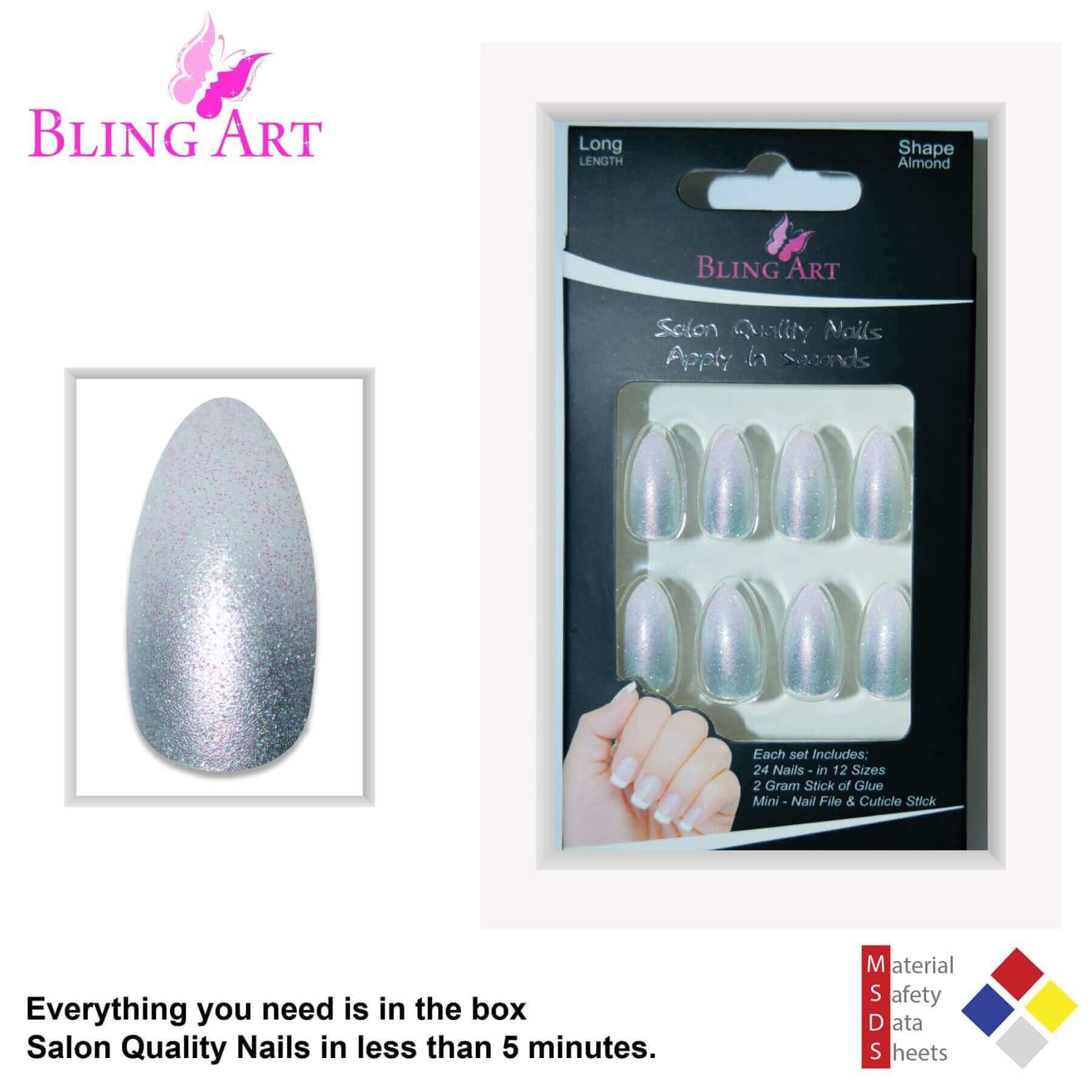 False Nails by Bling Art Silver Gel Ombre Almond Stiletto 24 Fake Acrylic Tips
