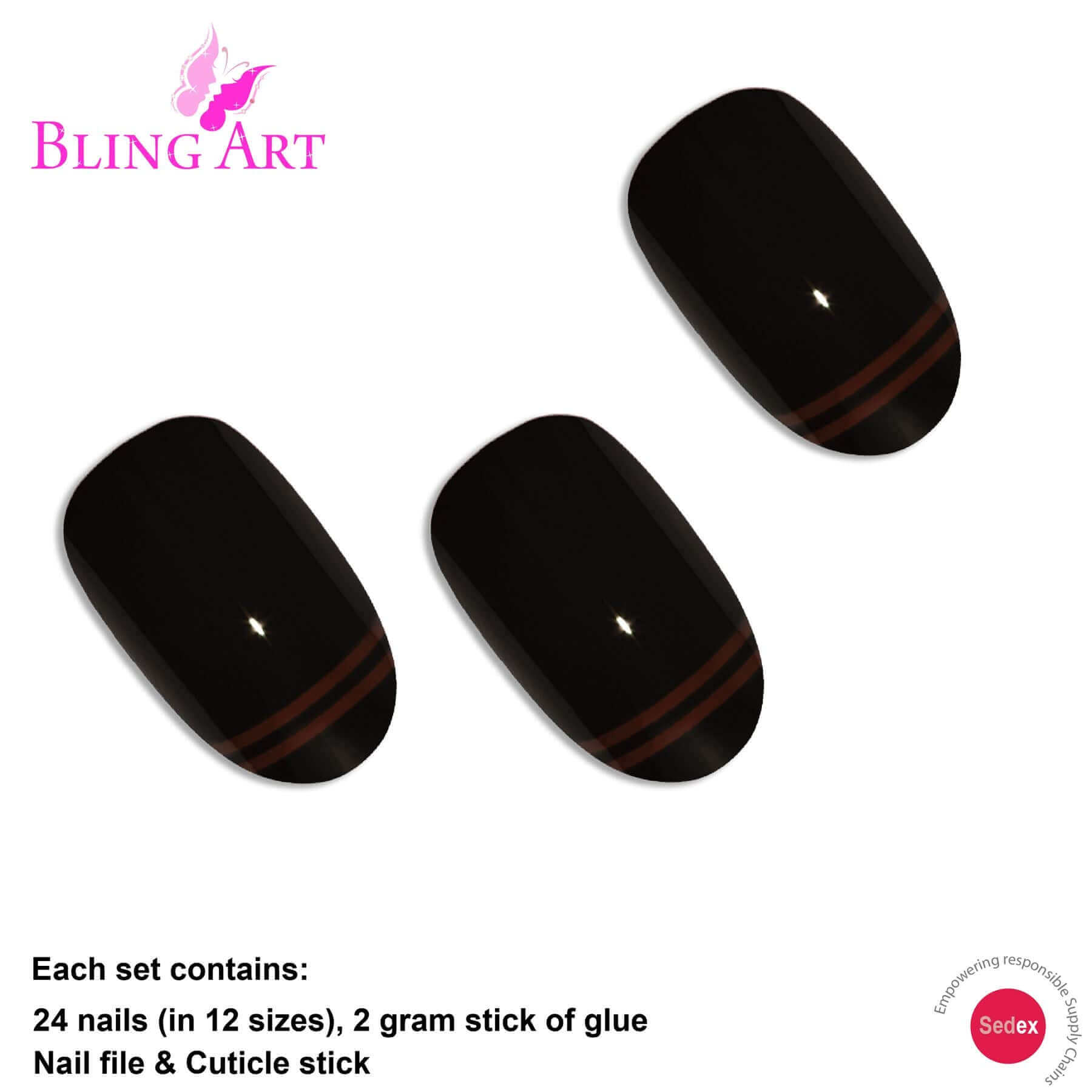 False Nails by Bling Art Black Red Glossy Oval Medium Fake 24 Acrylic Nail Tips