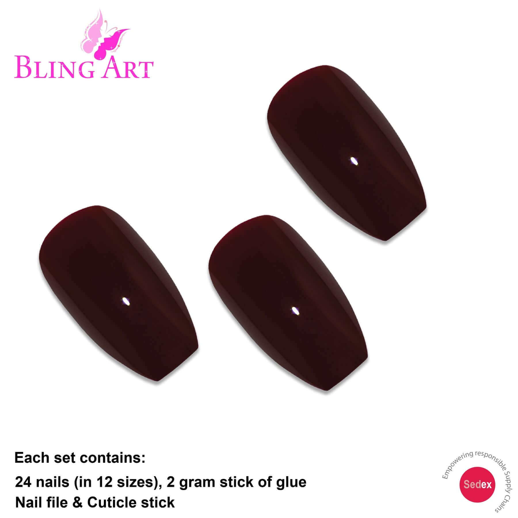 Multipack - False Nails by Bling Art Red Brown Polished Ballerina Long Medium Fake Tips