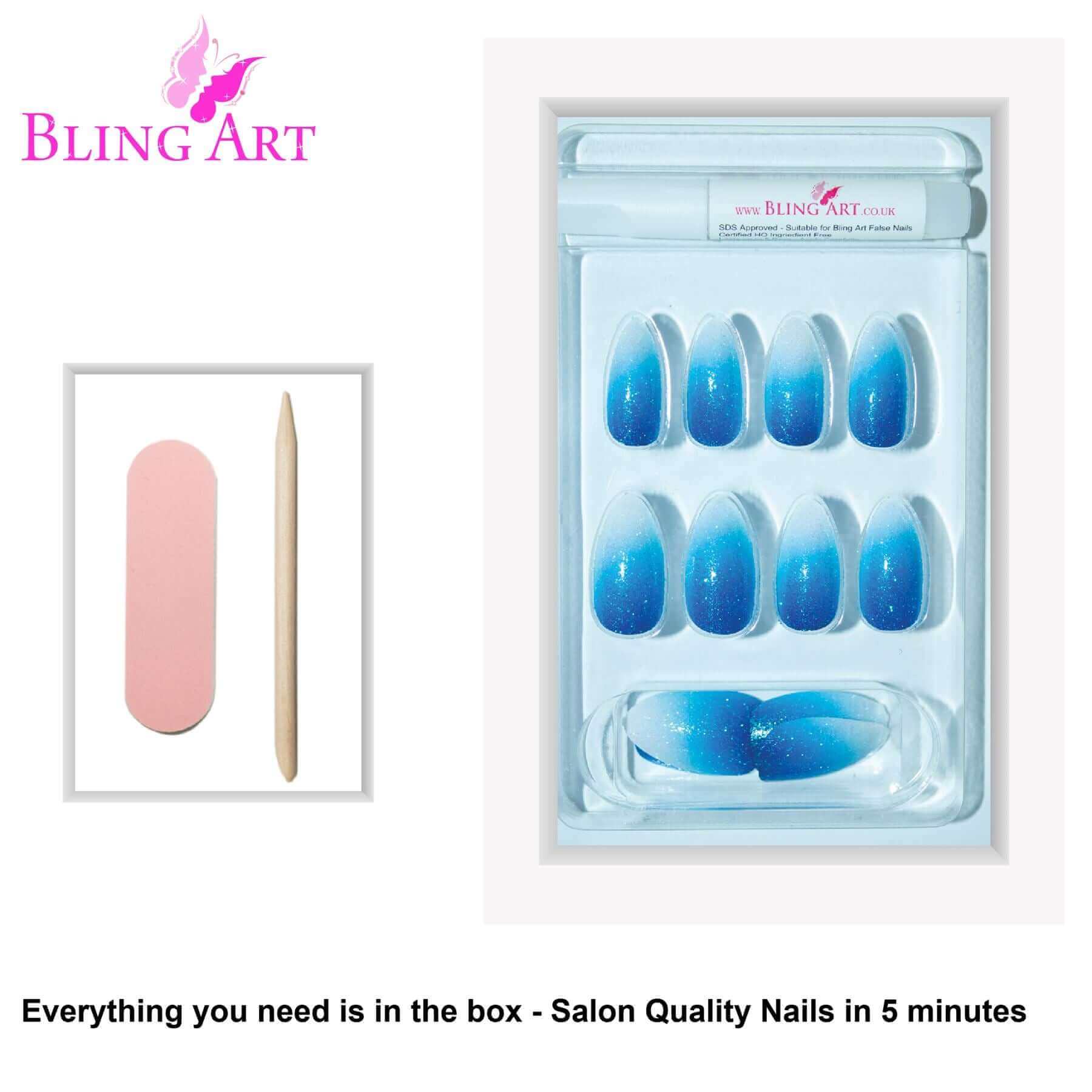 False Nails by Bling Art Blue Gel Ombre Almond Stiletto Fake Long Tips
