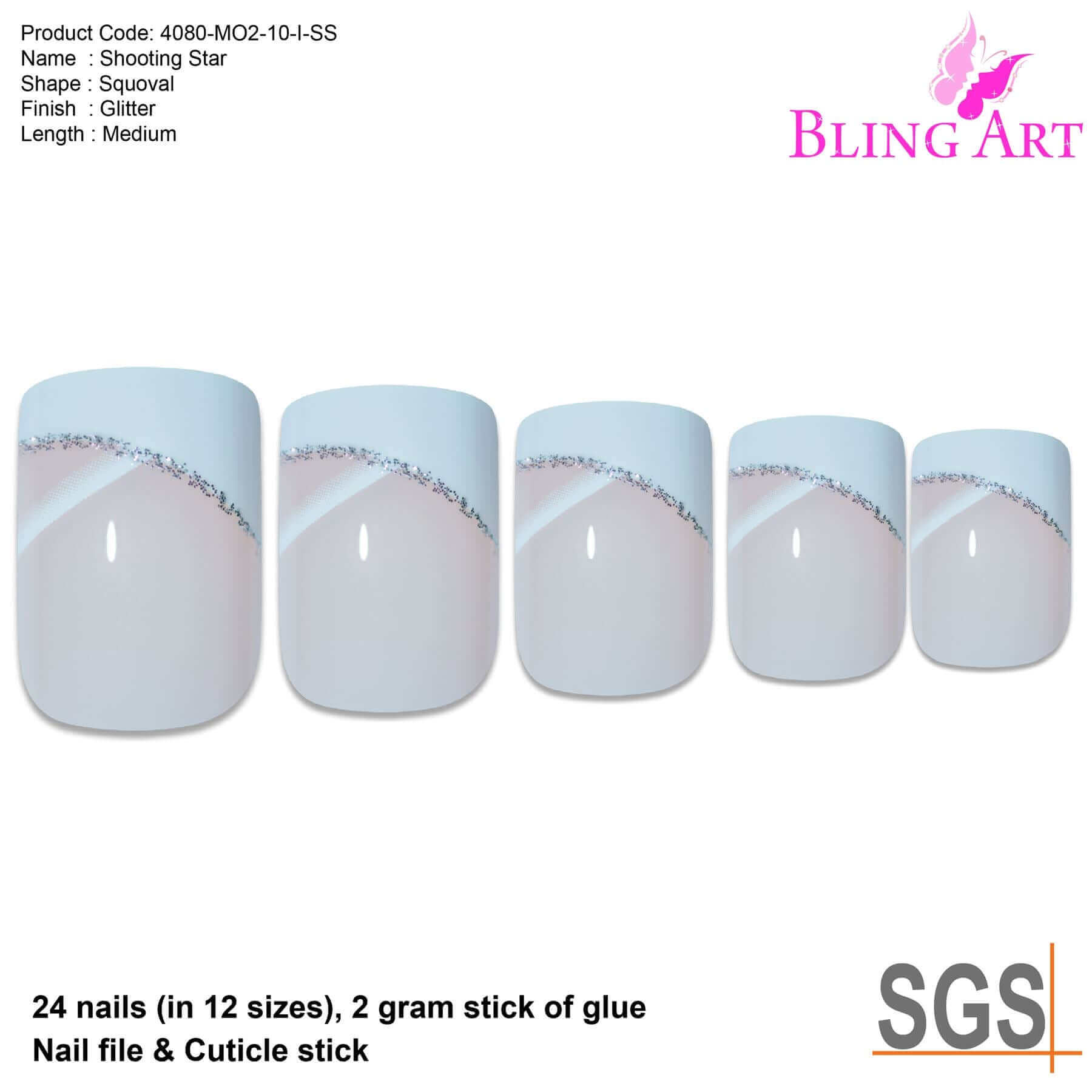 False Nails by Bling Art White Glitter French Manicure Fake Medium Tips with Glue