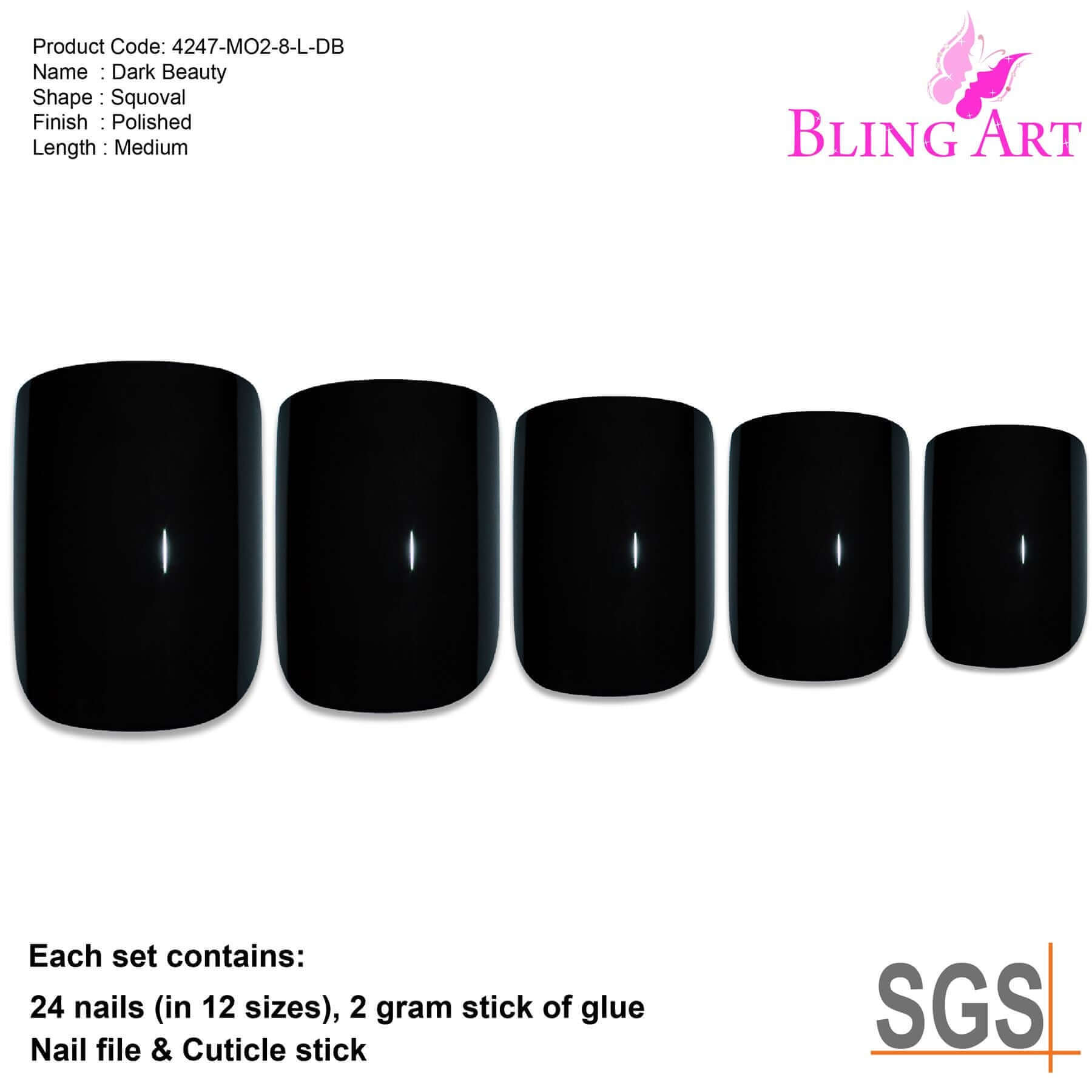 False Nails Bling Art Black Polished French Manicure Fake Medium Tips with Glue