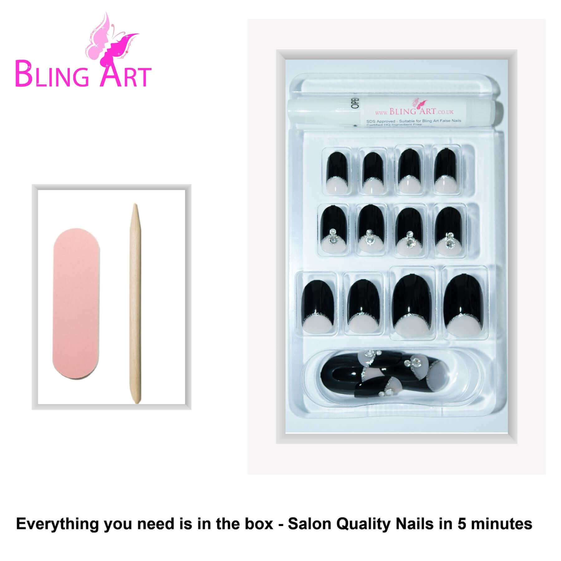 False Nails by Bling Art Black Crystal Glitter Oval Medium Fake Acrylic Tips