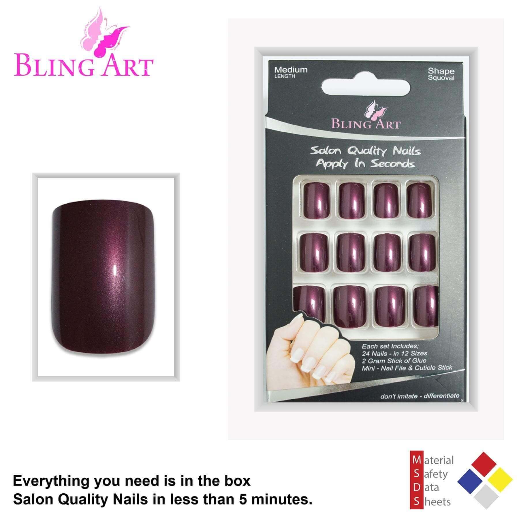 False Nails by Bling Art Brown Glitter French Squoval Fake Medium Acrylic Tips