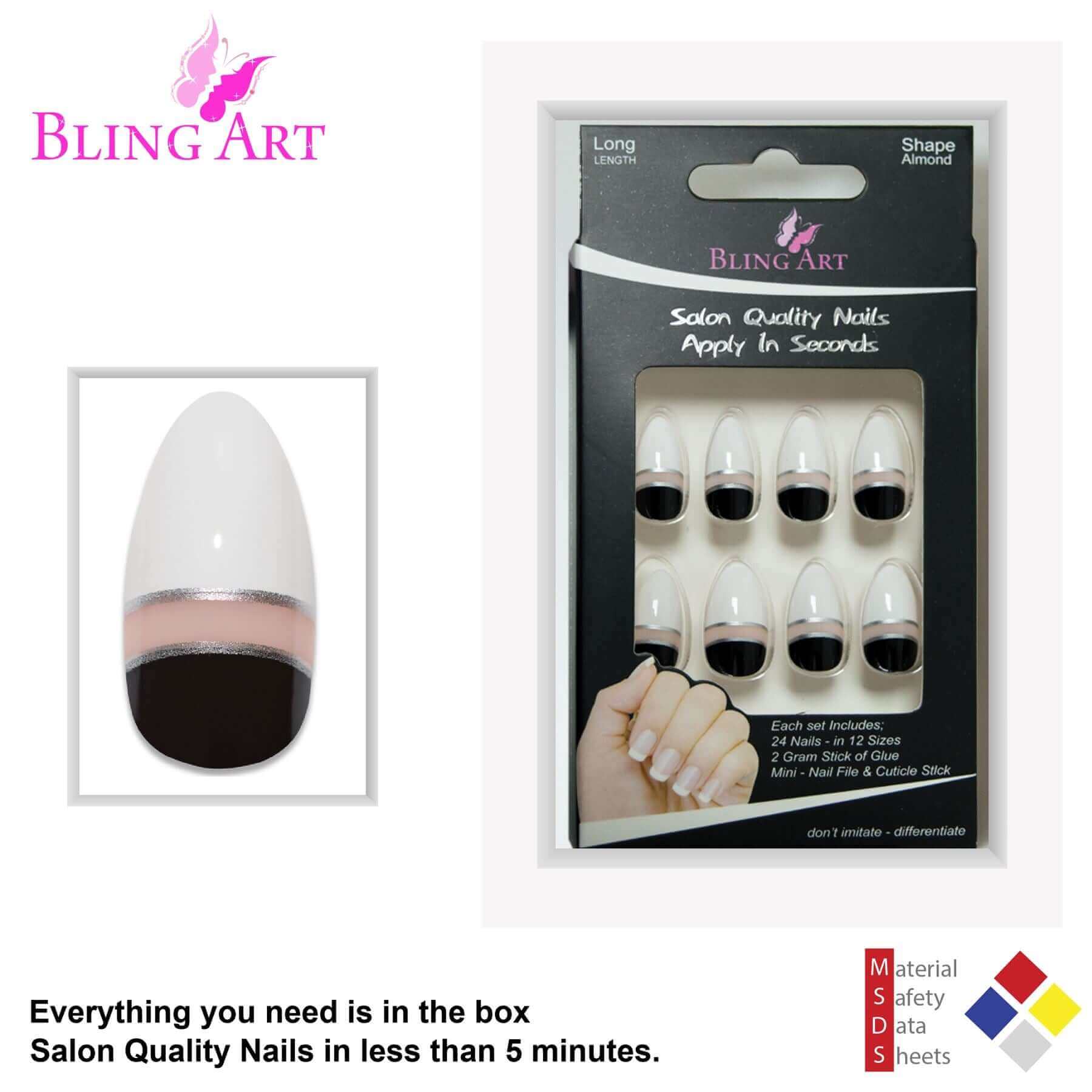 False Nails by Bling Art Black White Glossy Almond Stiletto Acrylic Fake Tips