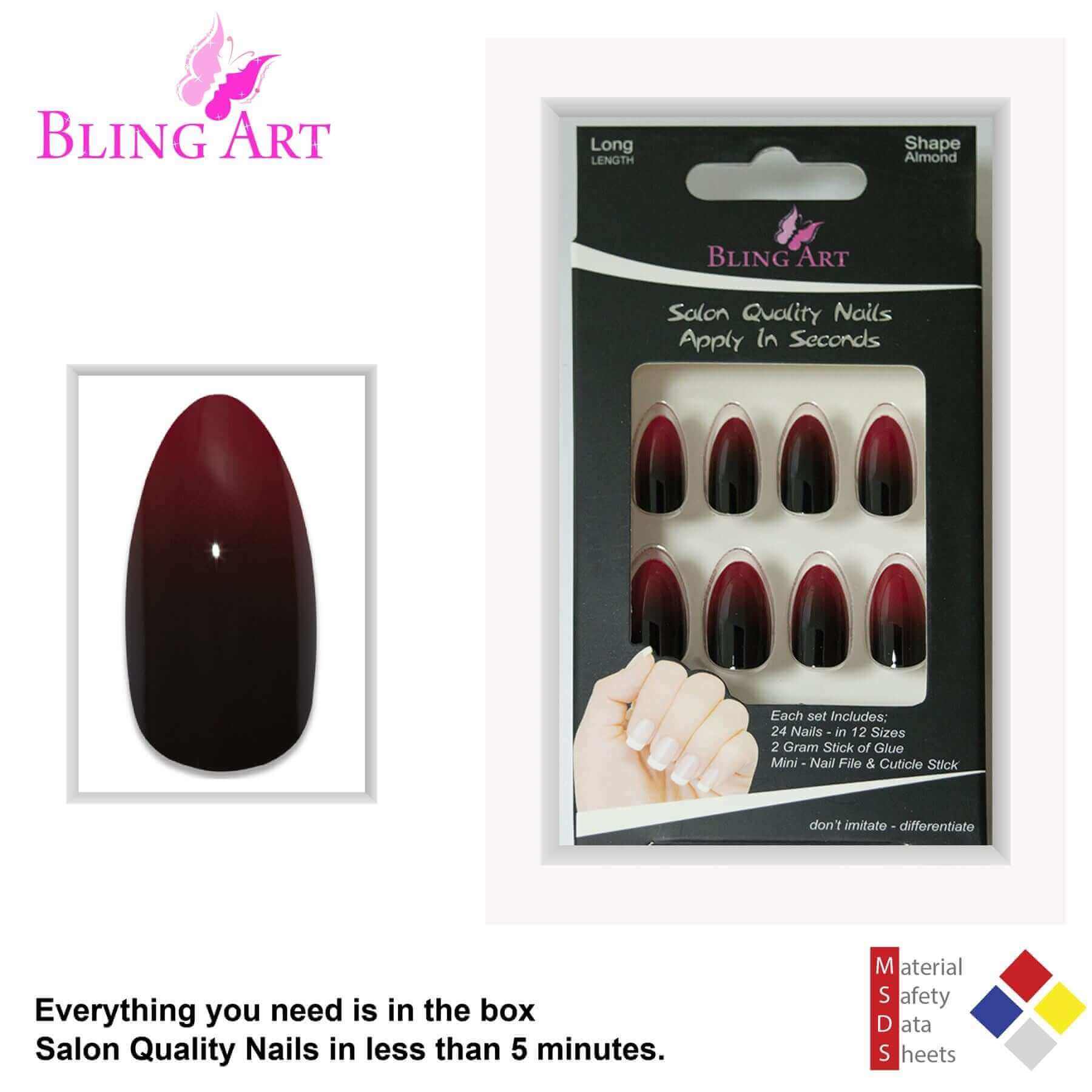 Multipack - False Nails by Bling Art Red Black Almond Stiletto Acrylic 24 Fake Long Tips