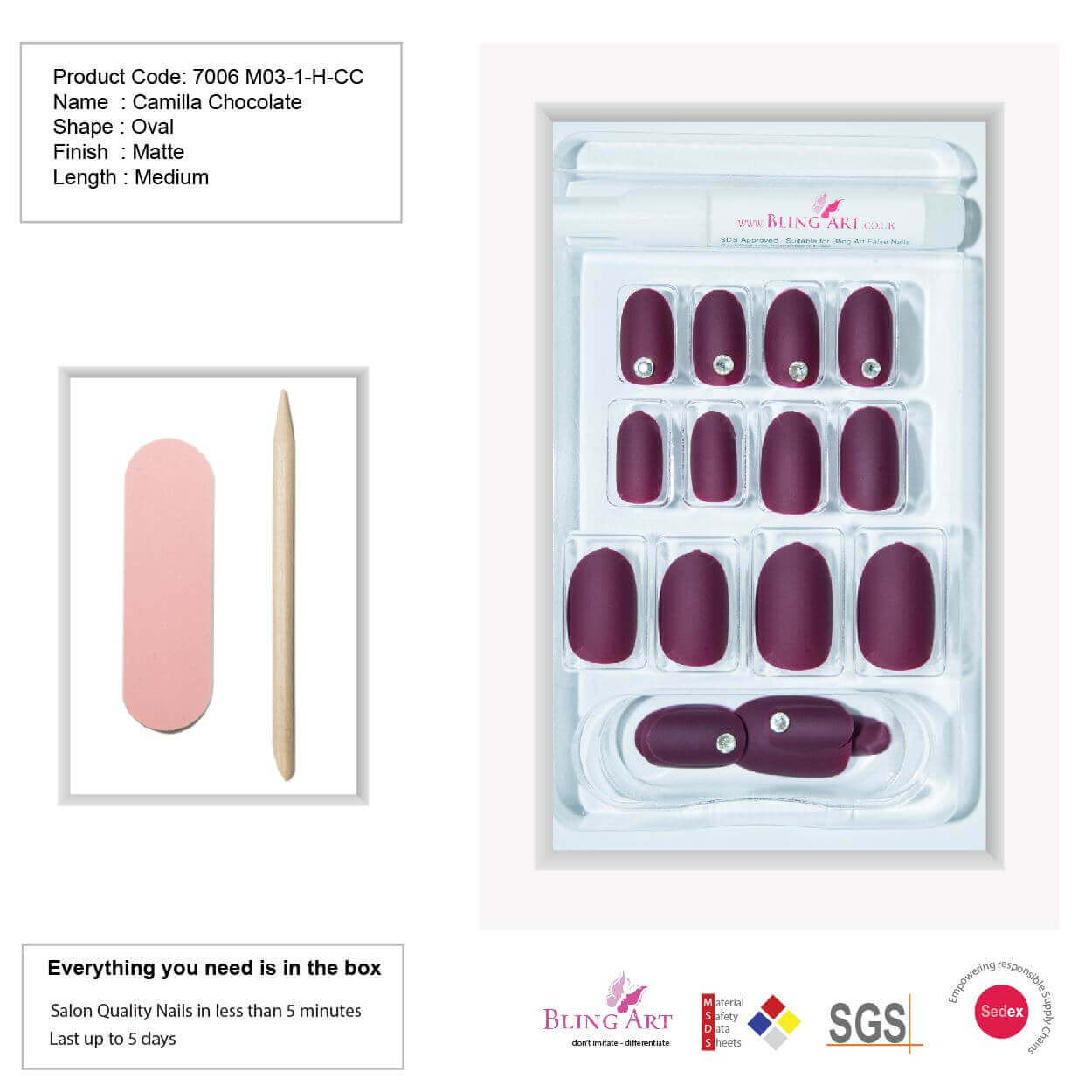 False Nails by Bling Art Brown Matte  Oval Medium Fake Acrylic Tips Glue