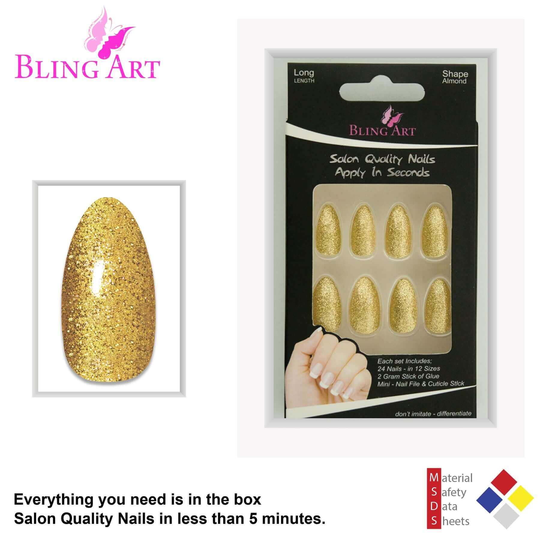 False Nails Bling Art Gold Gel Almond Stiletto Long Fake Acrylic Tips with Glue