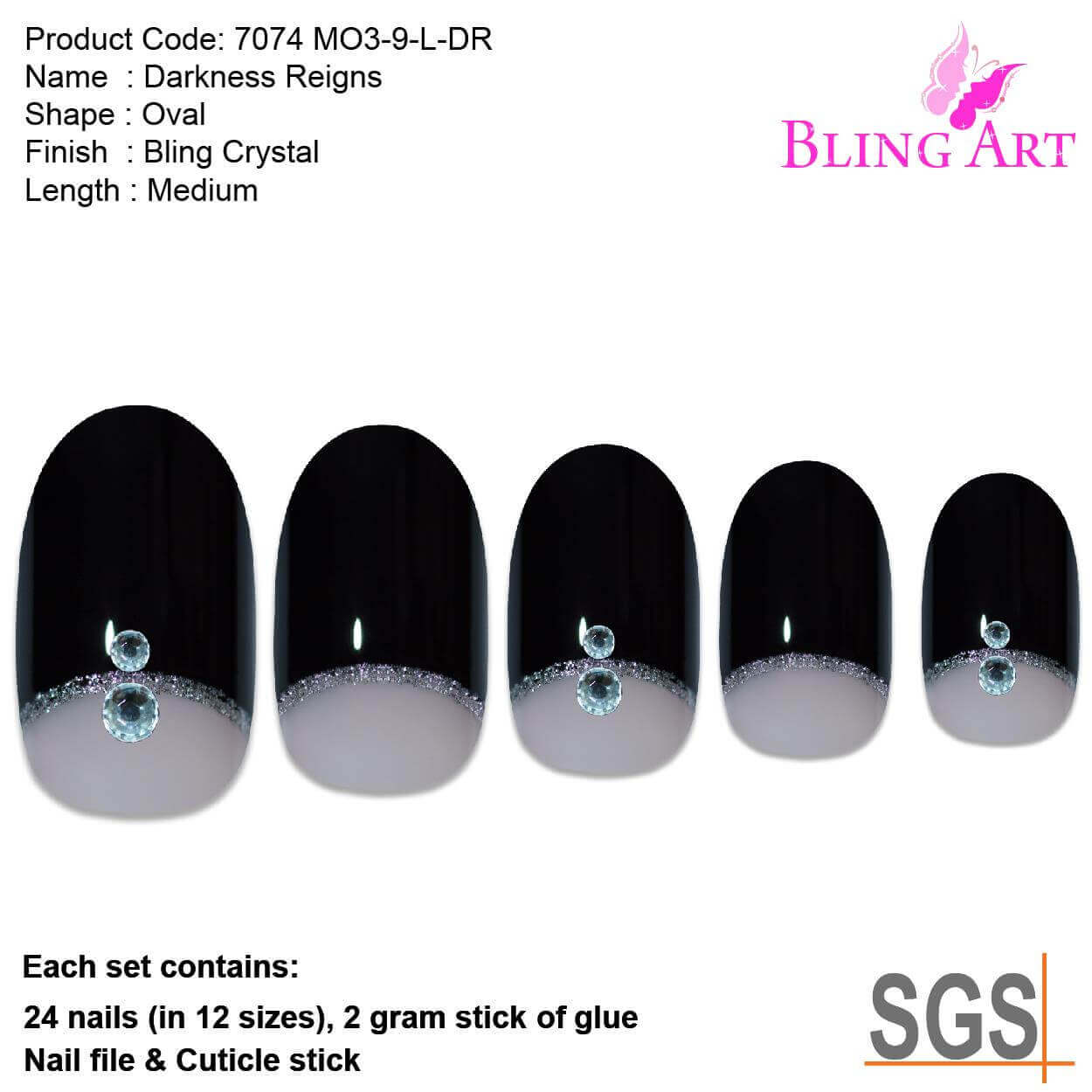 False Nails by Bling Art Black Crystal Glitter Oval Medium Fake Acrylic Tips