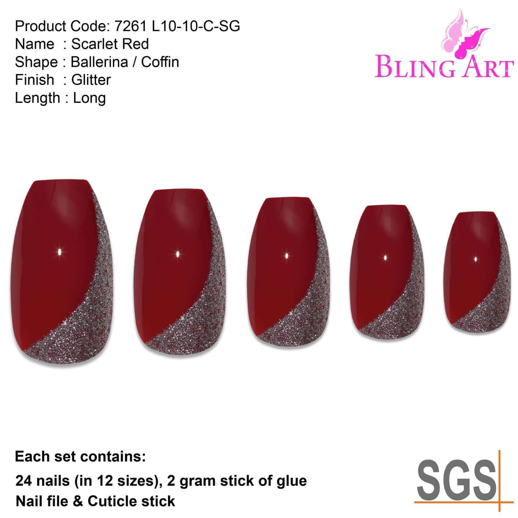 False Nails by Bling Art Red Glitter Ballerina Coffin Acrylic 24 Fake Long Nail Tips