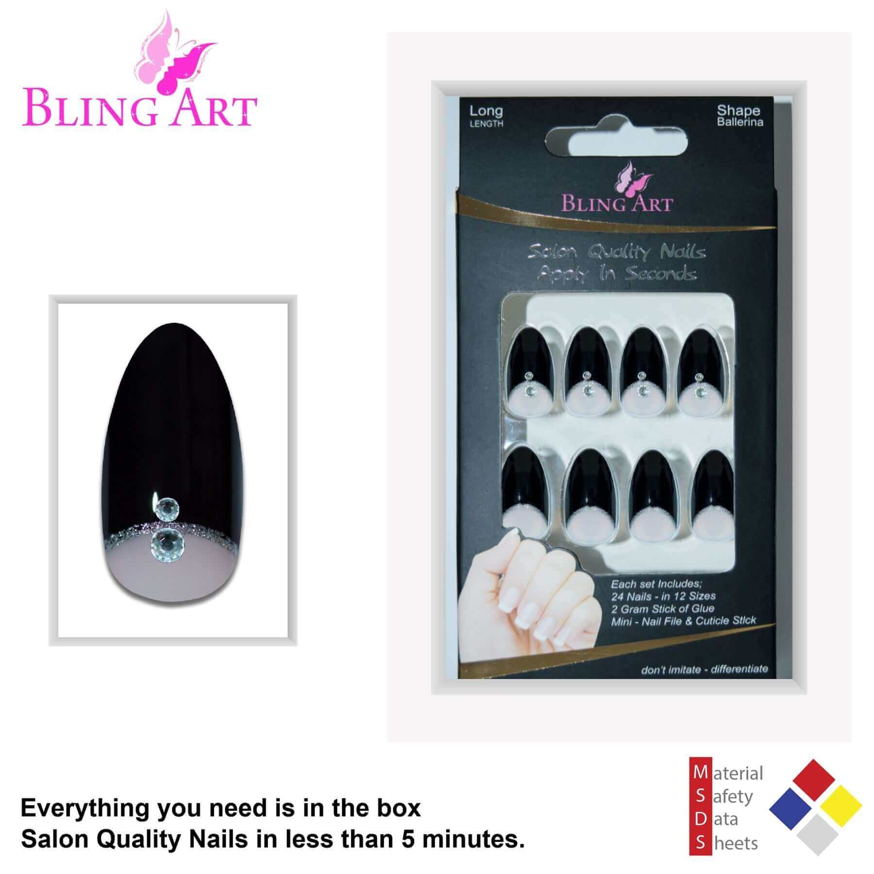 False Nails Bling Art Black Glitter Almond Stiletto Long Fake Acrylic Tips & Glue