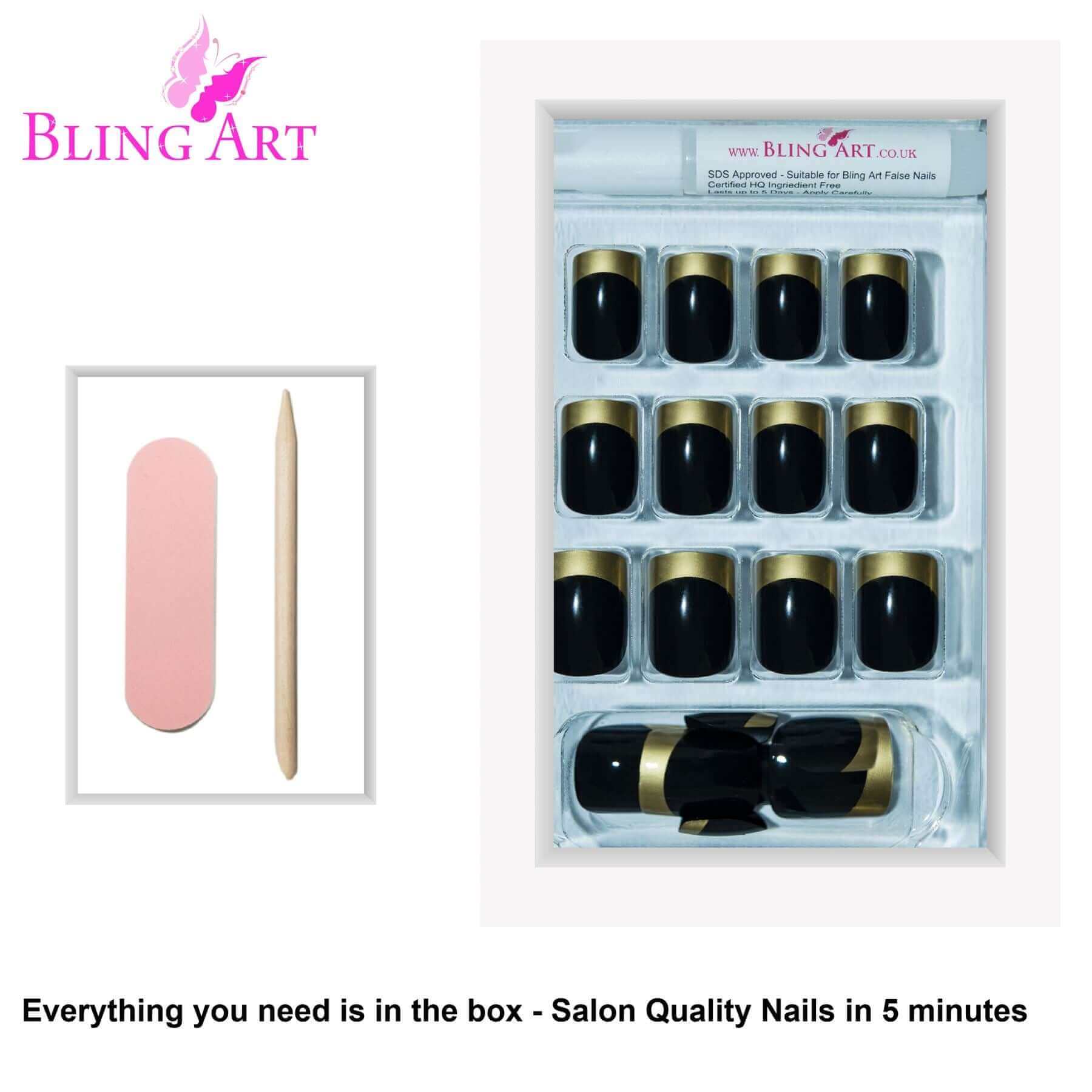 False Nails by Bling Art Gold Black French Manicure Fake Medium Tips with Glue