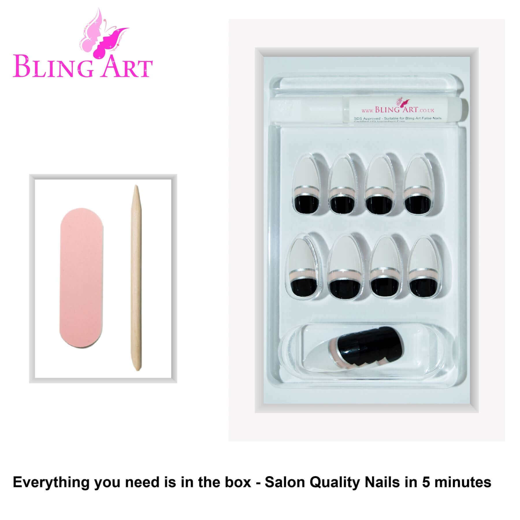 False Nails by Bling Art Black White Glossy Almond Stiletto Acrylic Fake Tips