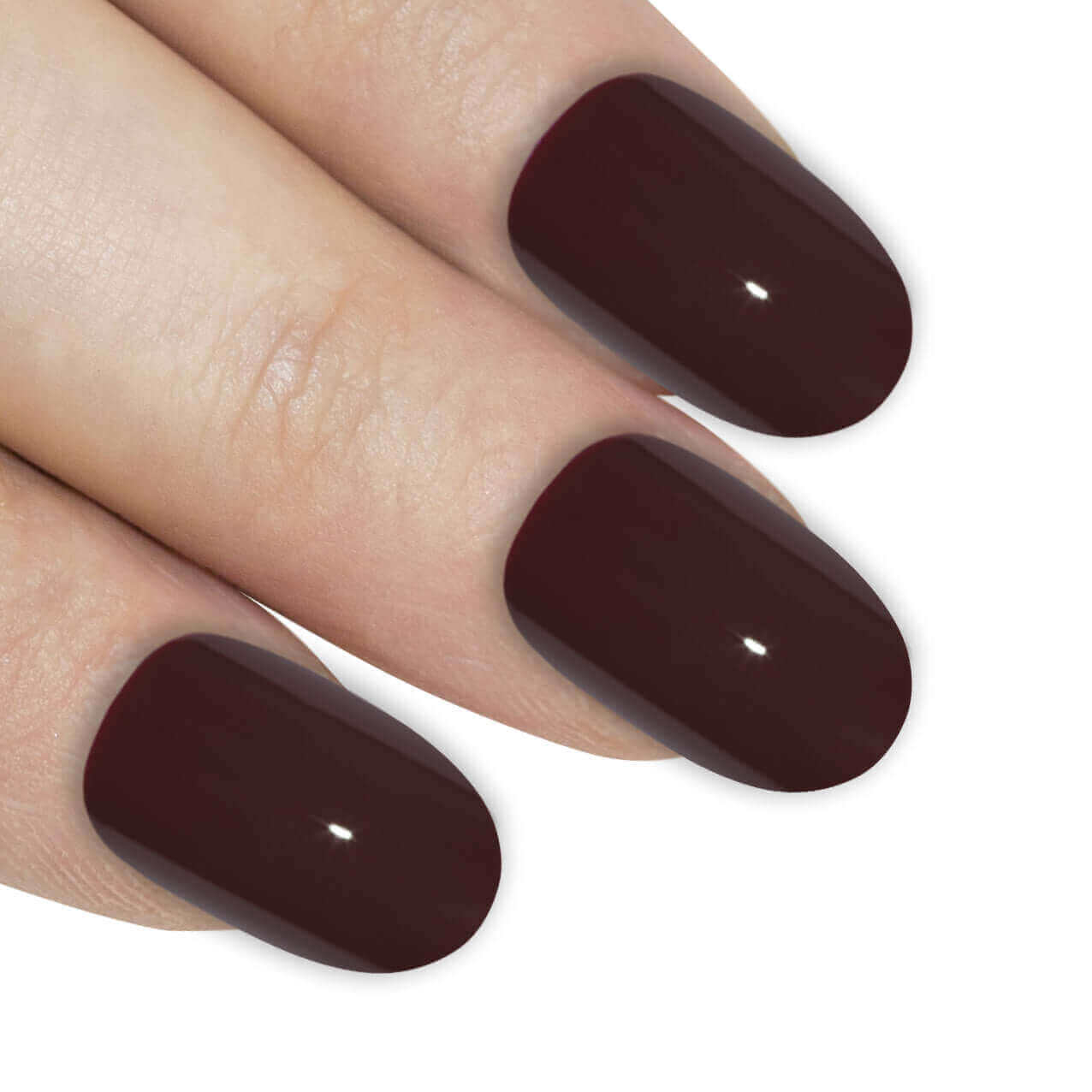 Multipack - False Nails by Bling Art Red Brown Polished Oval Medium Fake Acrylic Nail Tips on model's hand.