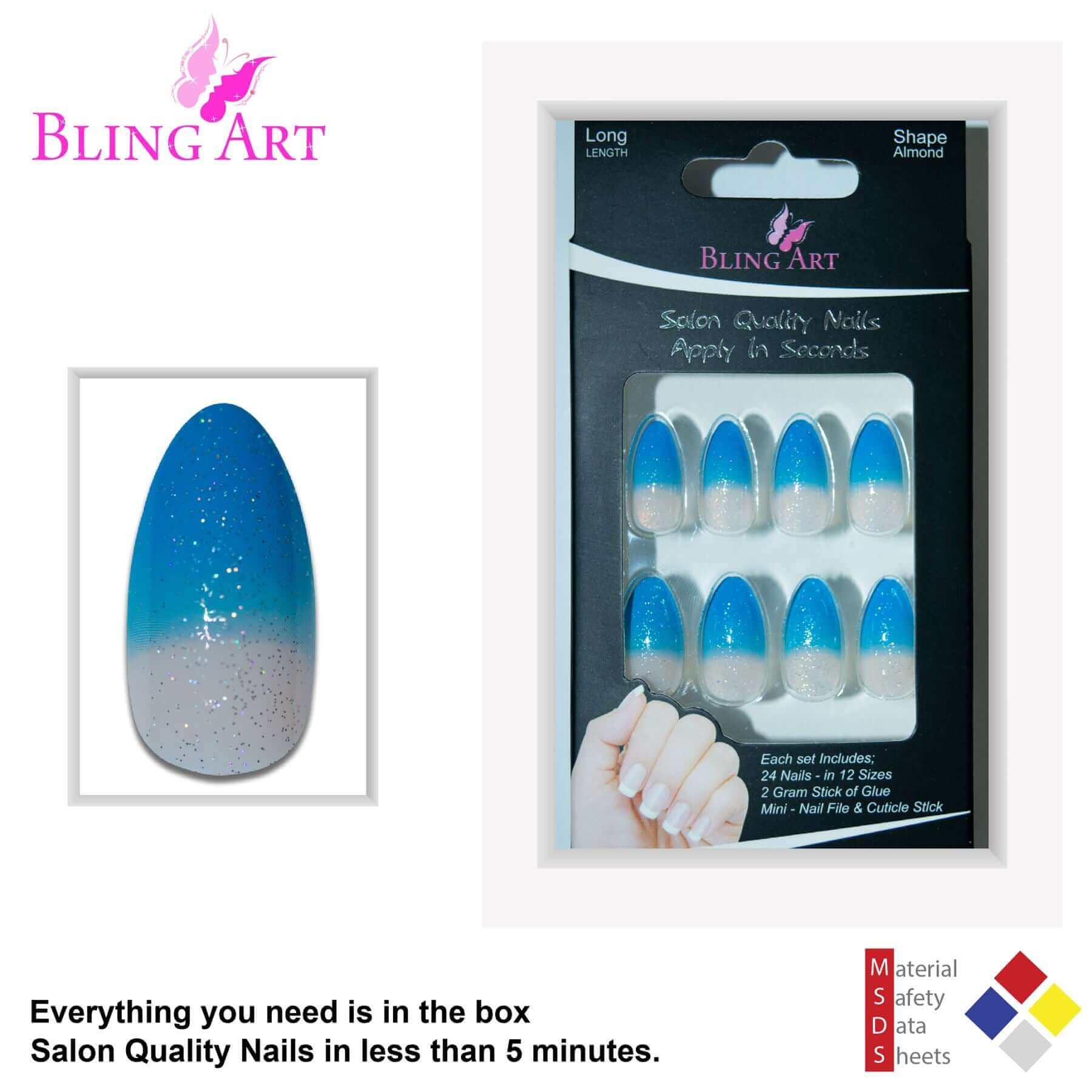 False Nails by Bling Art Blue Gel Glitter 24 Almond Stiletto Long Fake Tips Glue
