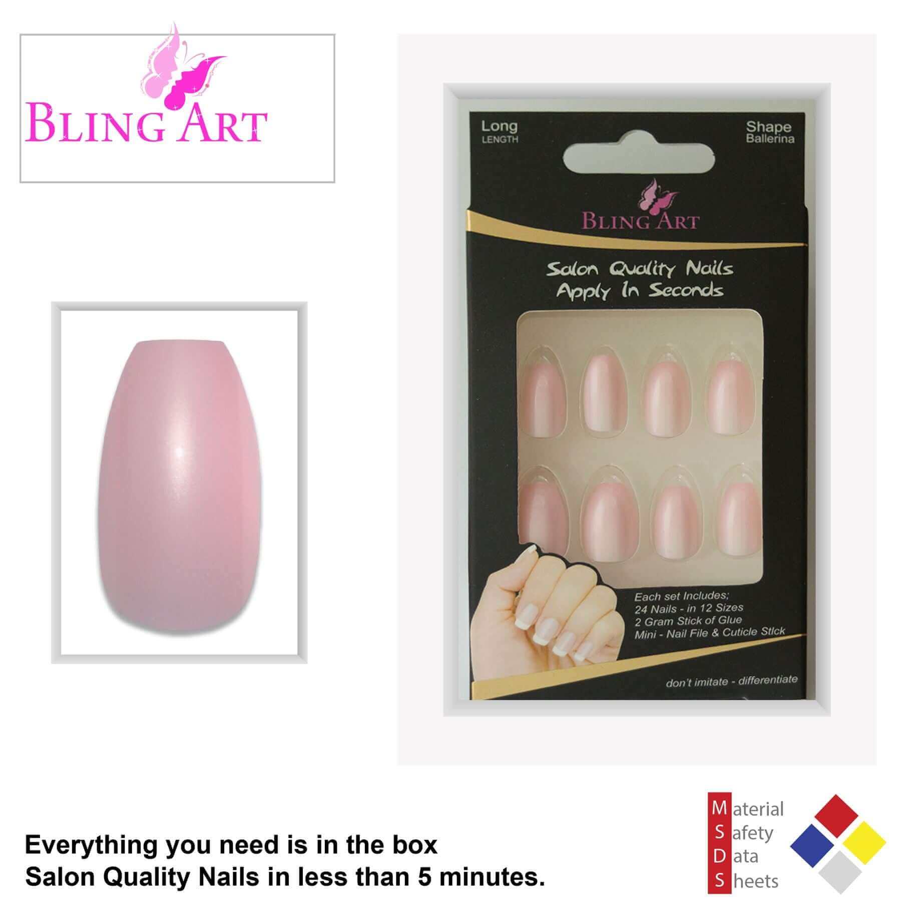 False Nails by Bling Art Pink Glitter Ballerina Coffin 24 Fake Long Acrylic Tips