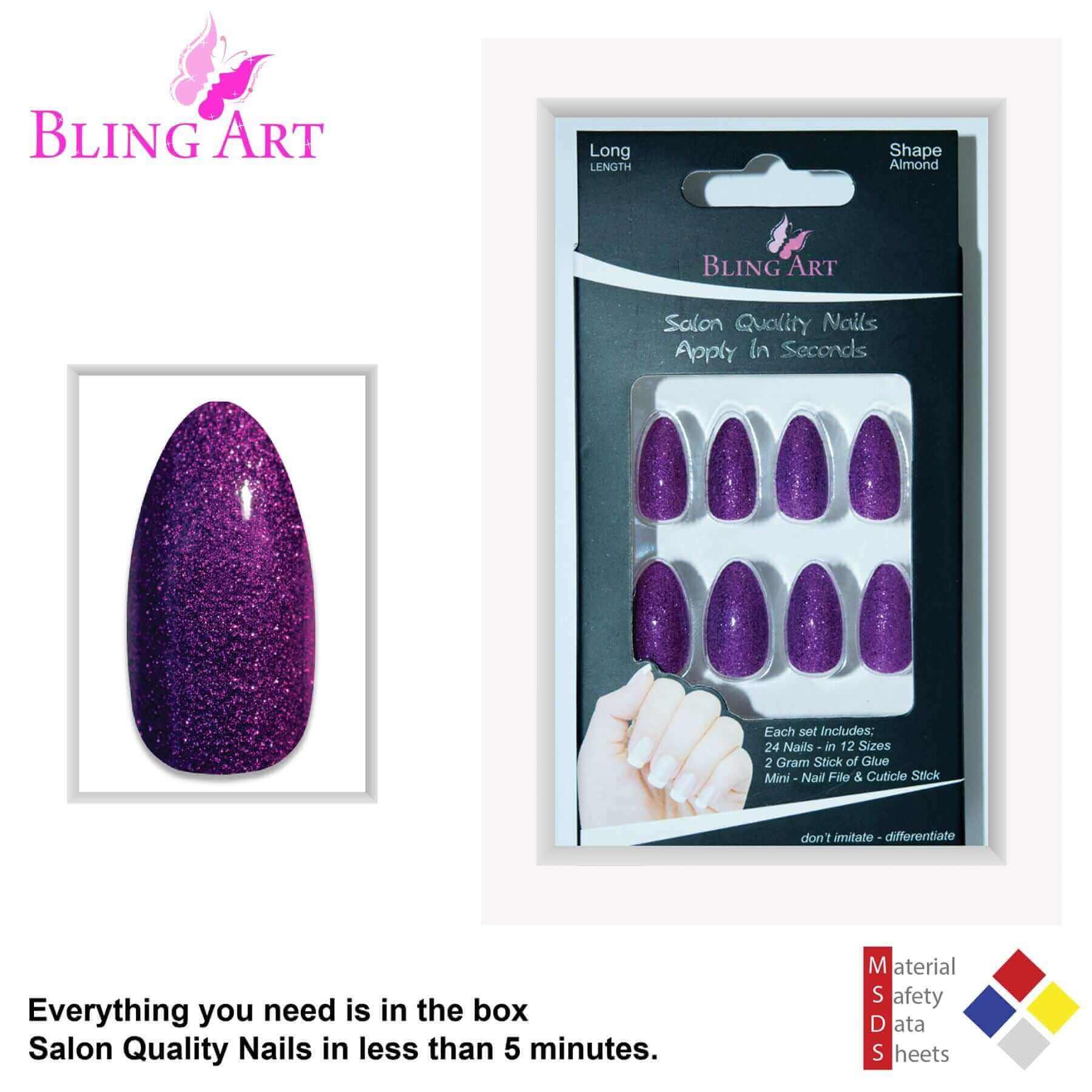 Multipack - False Nails Bling Art Purple Gel Almond Stiletto Long Fake Acrylic Tips and Glue