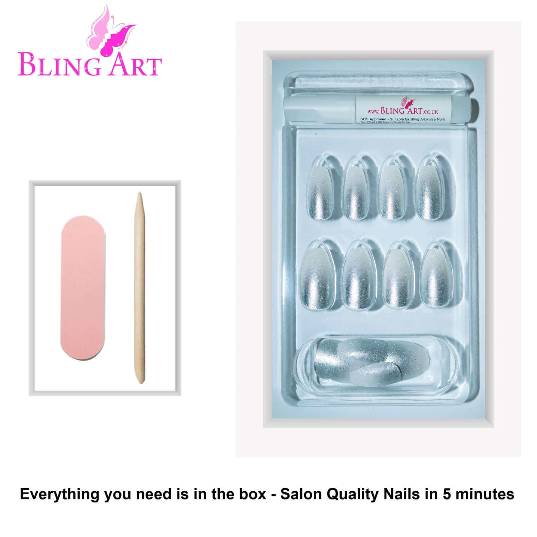 False Nails by Bling Art Silver Gel Ombre Ballerina Coffin 24 Fake Acrylic Tips