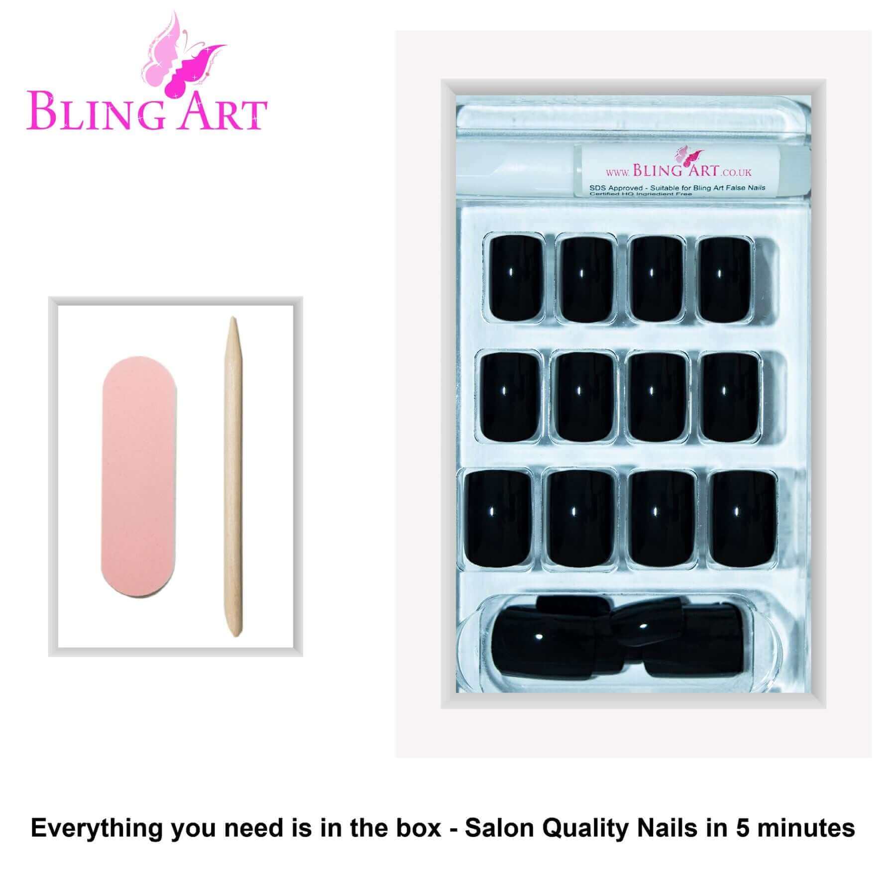 False Nails Bling Art Black Polished French Manicure Fake Medium Tips with Glue