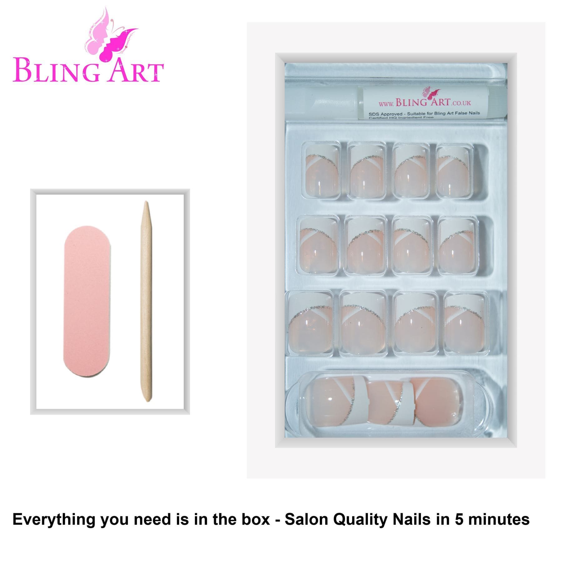 False Nails by Bling Art White Glitter French Manicure Fake Medium Tips with Glue