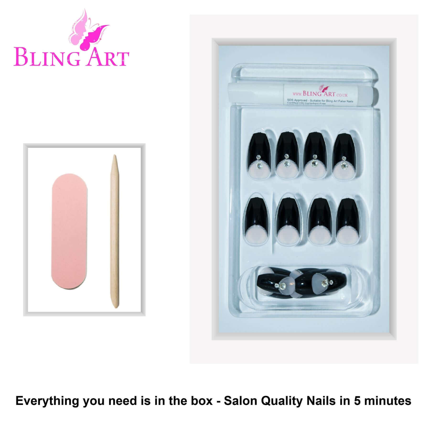 False Nails Bling Art Black Crystal Polished Ballerina Coffin Long Fake Tips