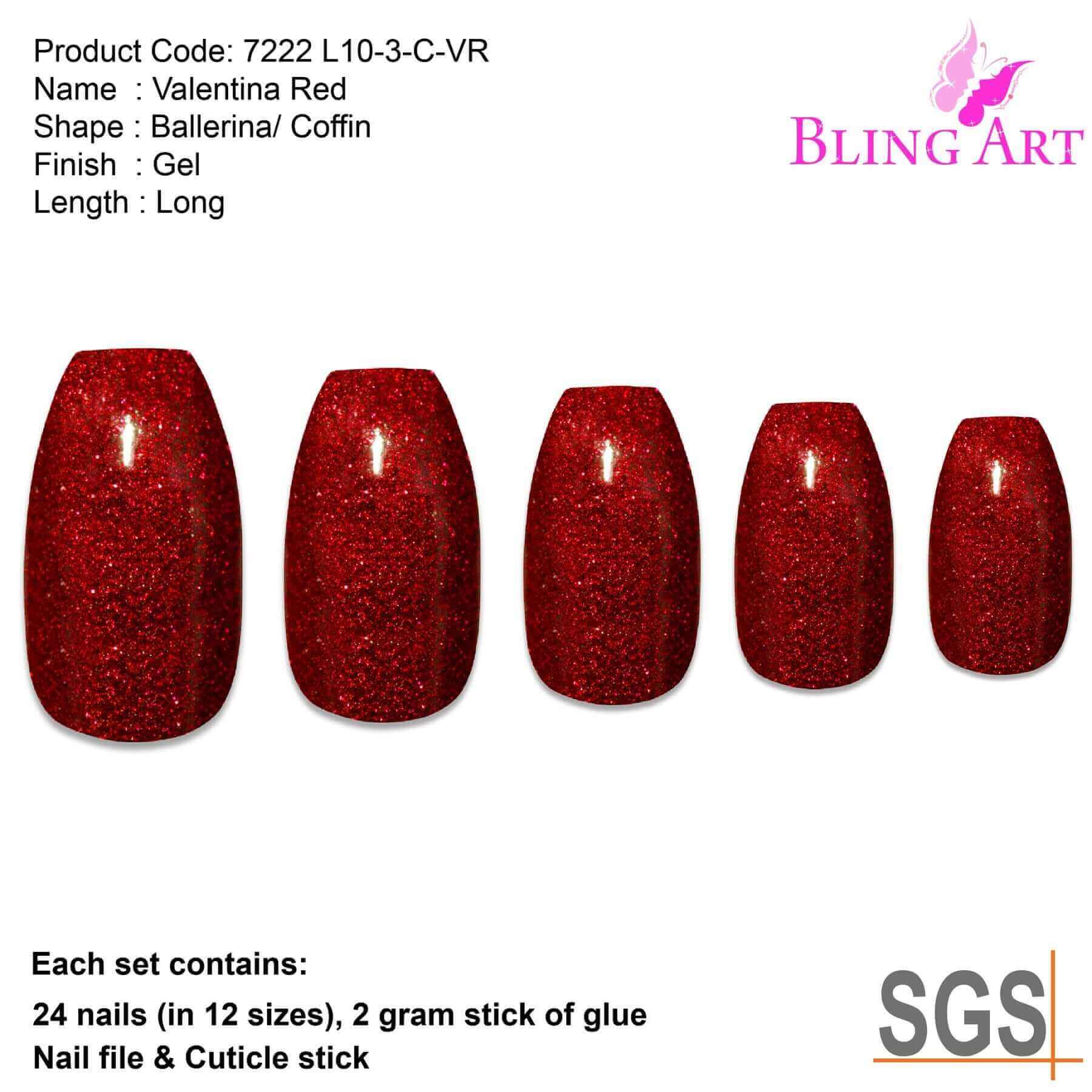 Multipack - False Nails by Bling Art Red Gel Ballerina Coffin 24 Fake Long Acrylic Nail Tips