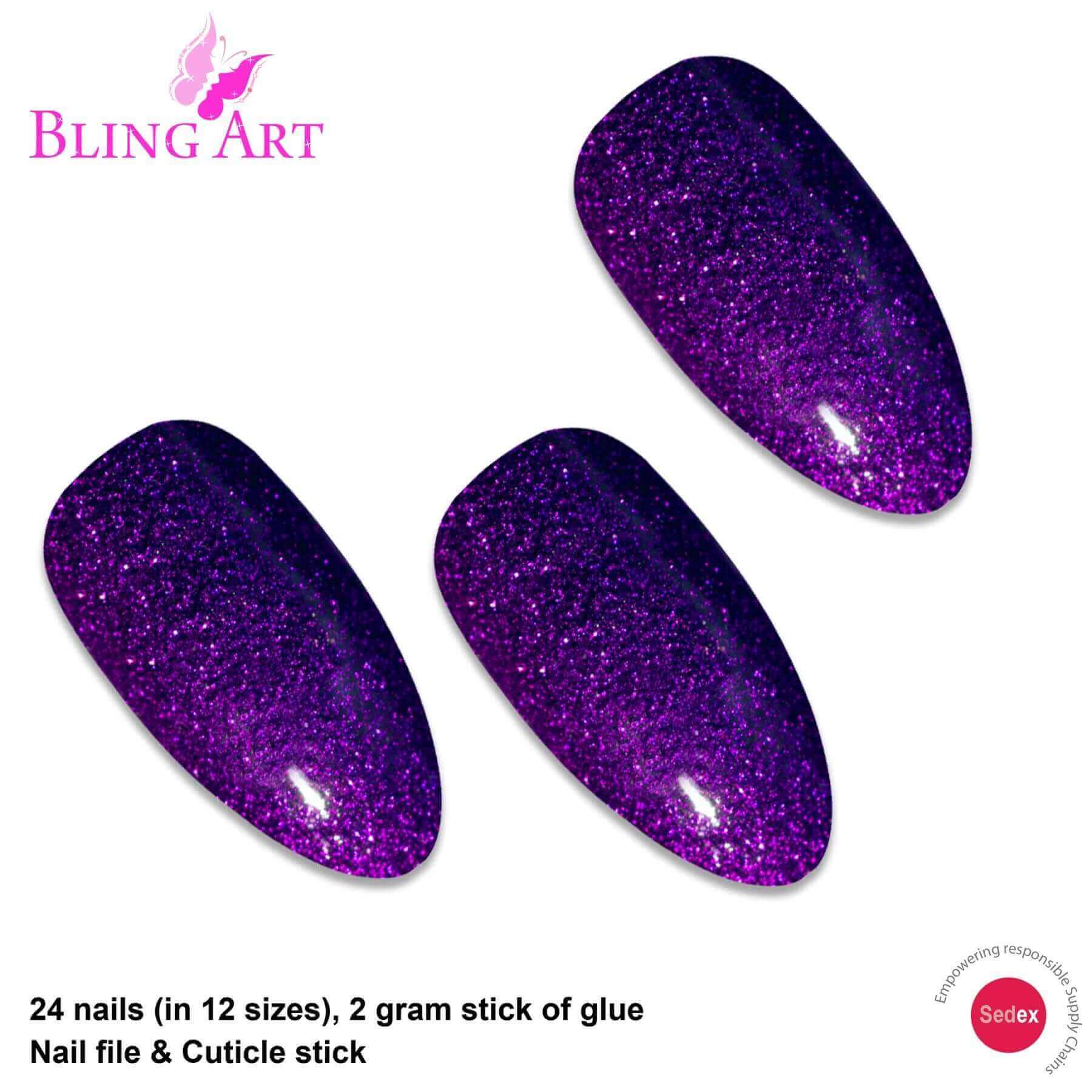 Multipack - False Nails Bling Art Purple Gel Almond Stiletto Long Fake Acrylic Tips and Glue