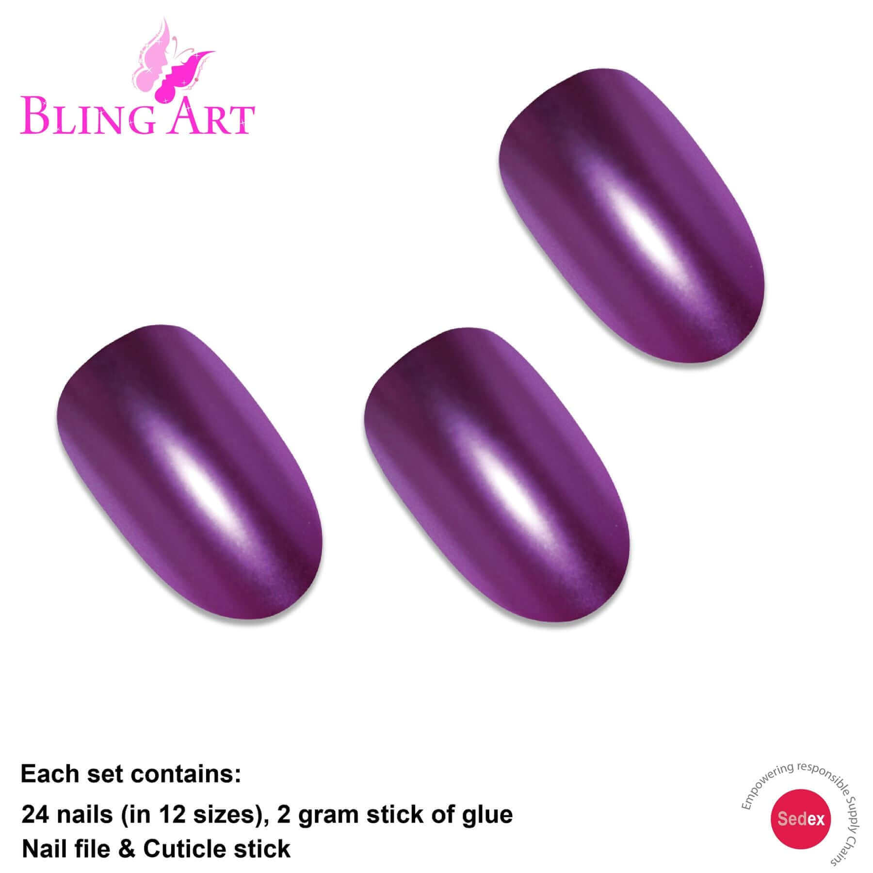 False Nails by Bling Art Purple Matte Metallic Oval Medium Fake Acrylic 24 Tips