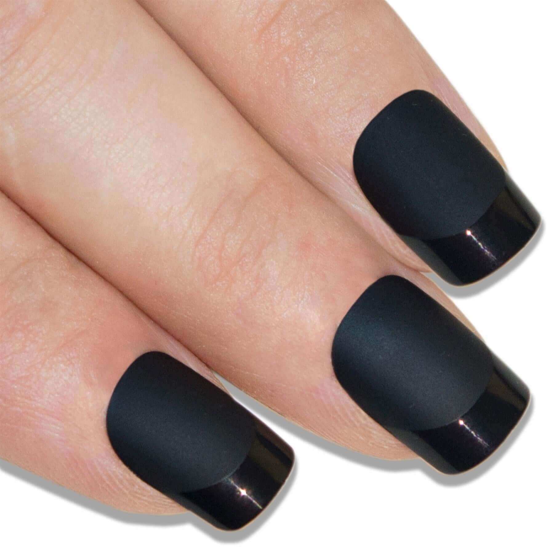 Multipack - False Nails by Bling Art Black Matte French Manicure Fake Medium Tips with Glue on natural nails.