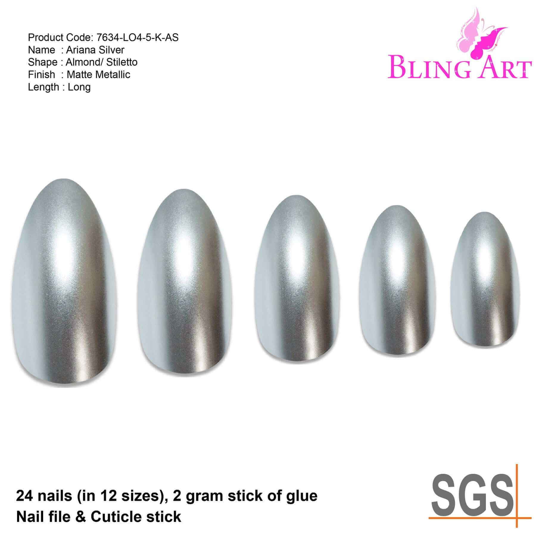 False Nails by Bling Art Silver Matte Metallic Almond Stiletto Fake Acrylic Tips