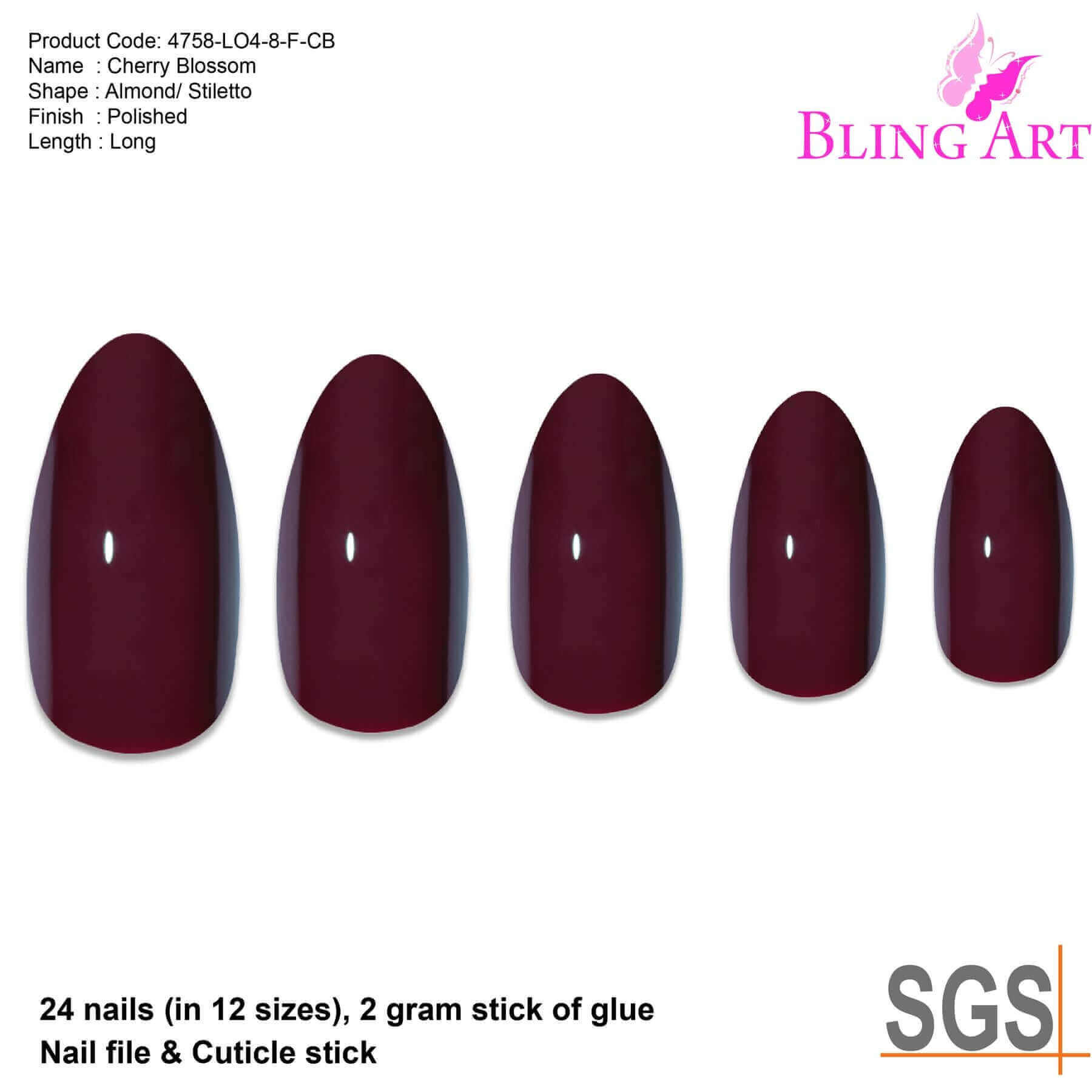 Multipack - False Nails Bling Art Brown Red Almond Stiletto Long Fake Acrylic Tips with Glue