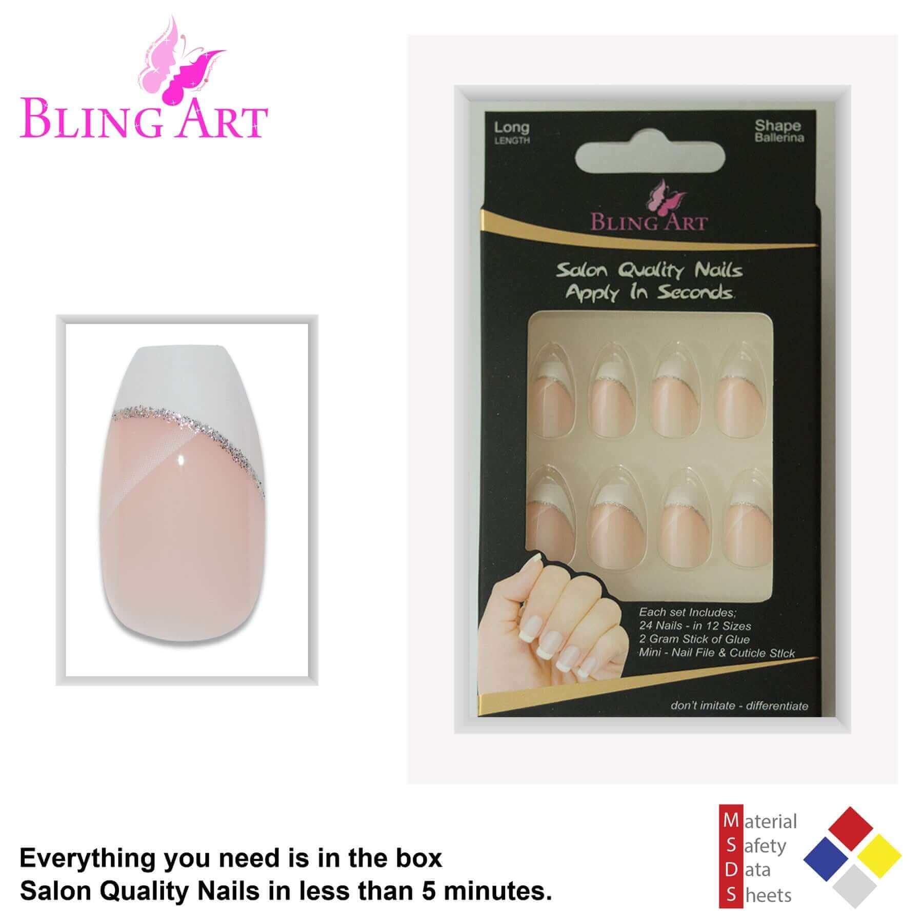 False Nails by Bling Art White Polished Ballerina Coffin Fake French Nail Tips