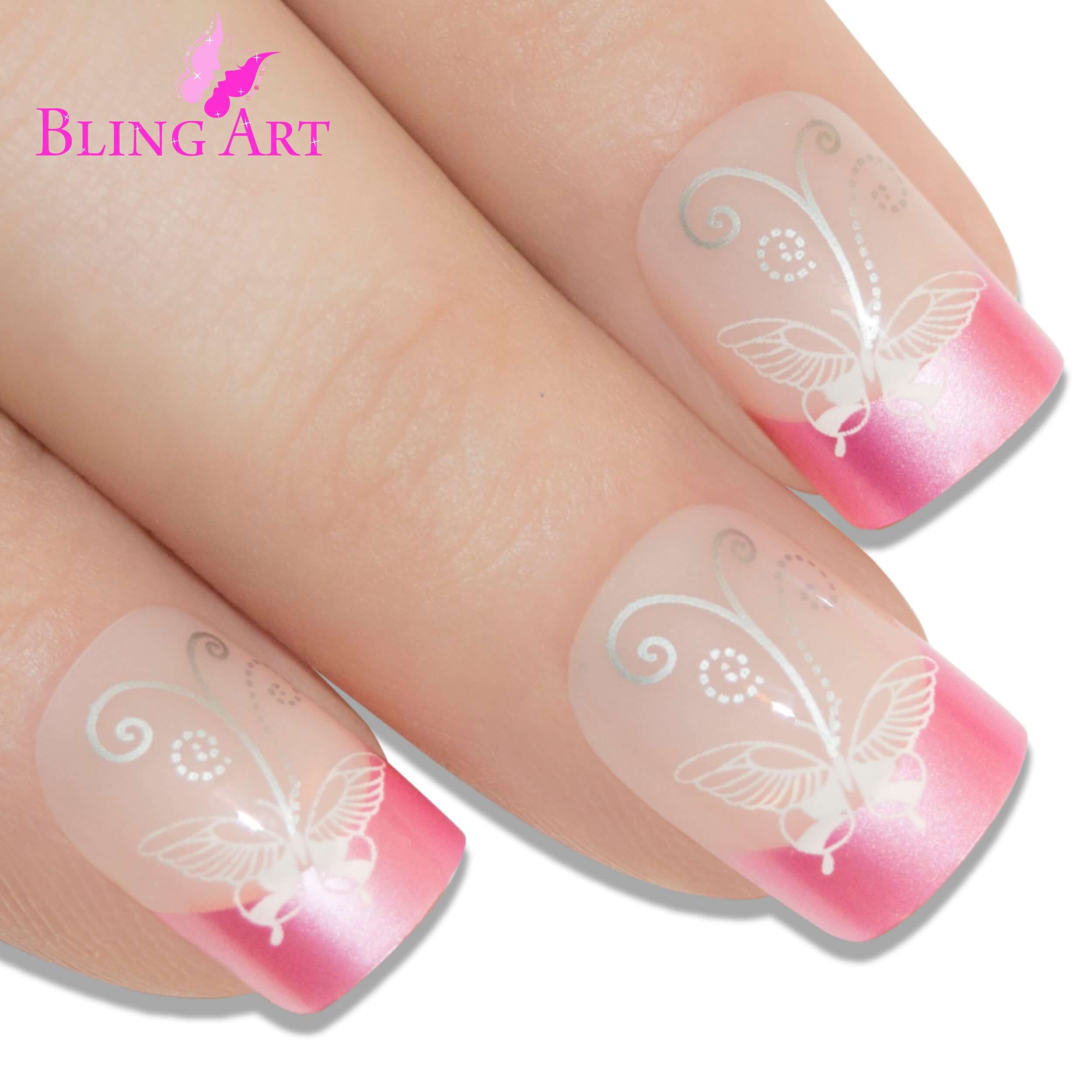 False Nails by Bling Art Pink Butterfly French Manicure Fake Medium Tips with Glue