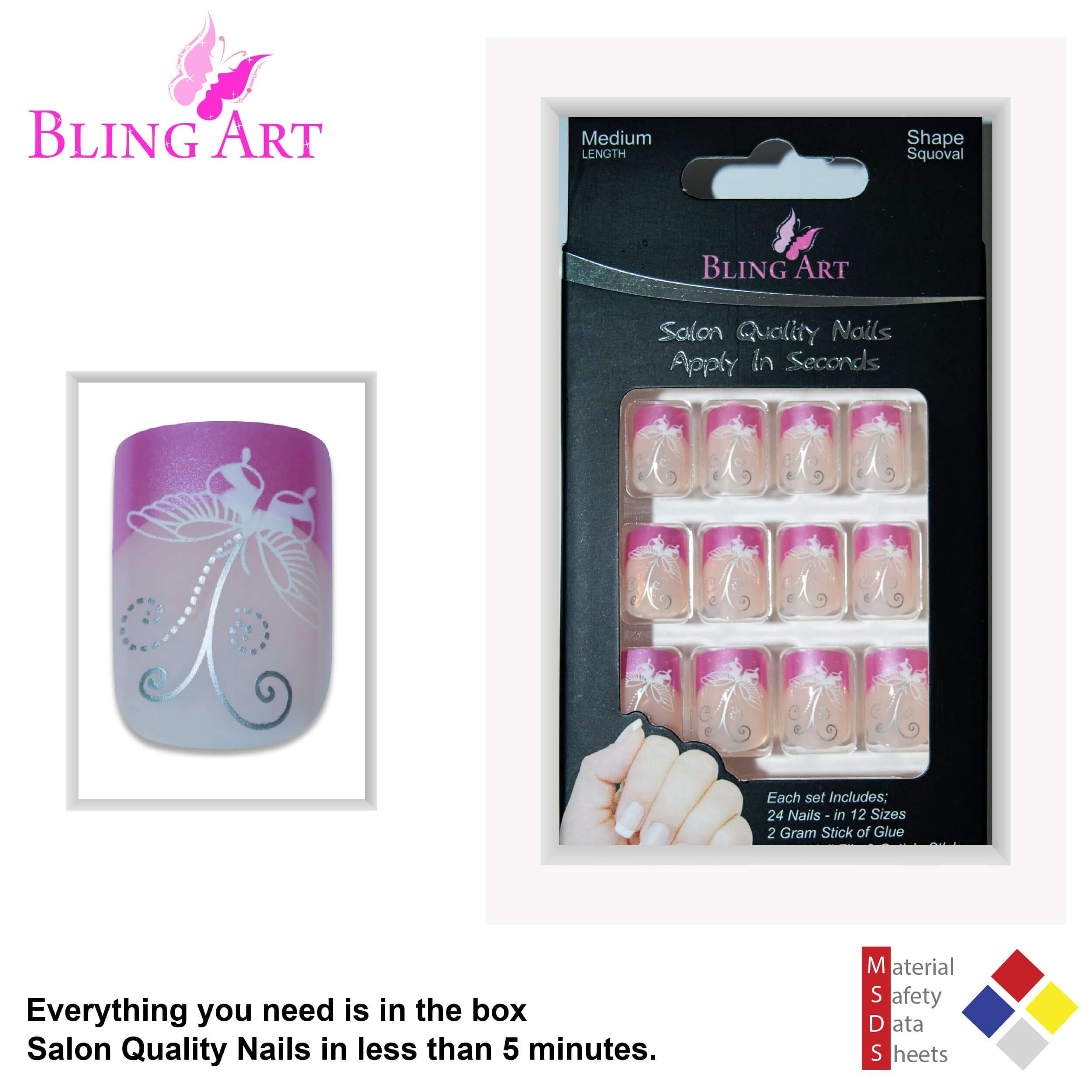 False Nails by Bling Art Pink Butterfly French Manicure Fake Medium Tips with Glue