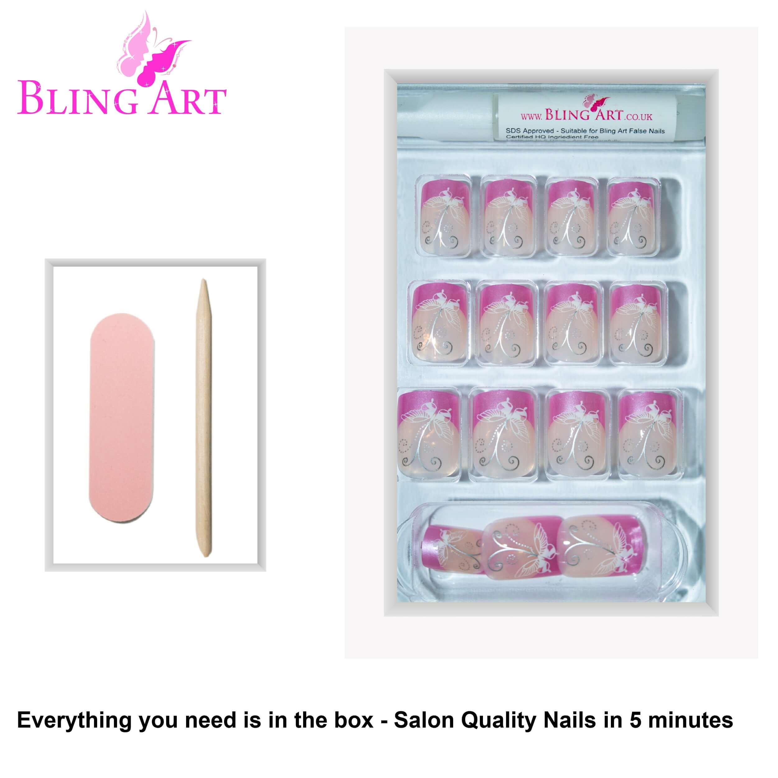False Nails by Bling Art Pink Butterfly French Manicure Fake Medium Tips with Glue