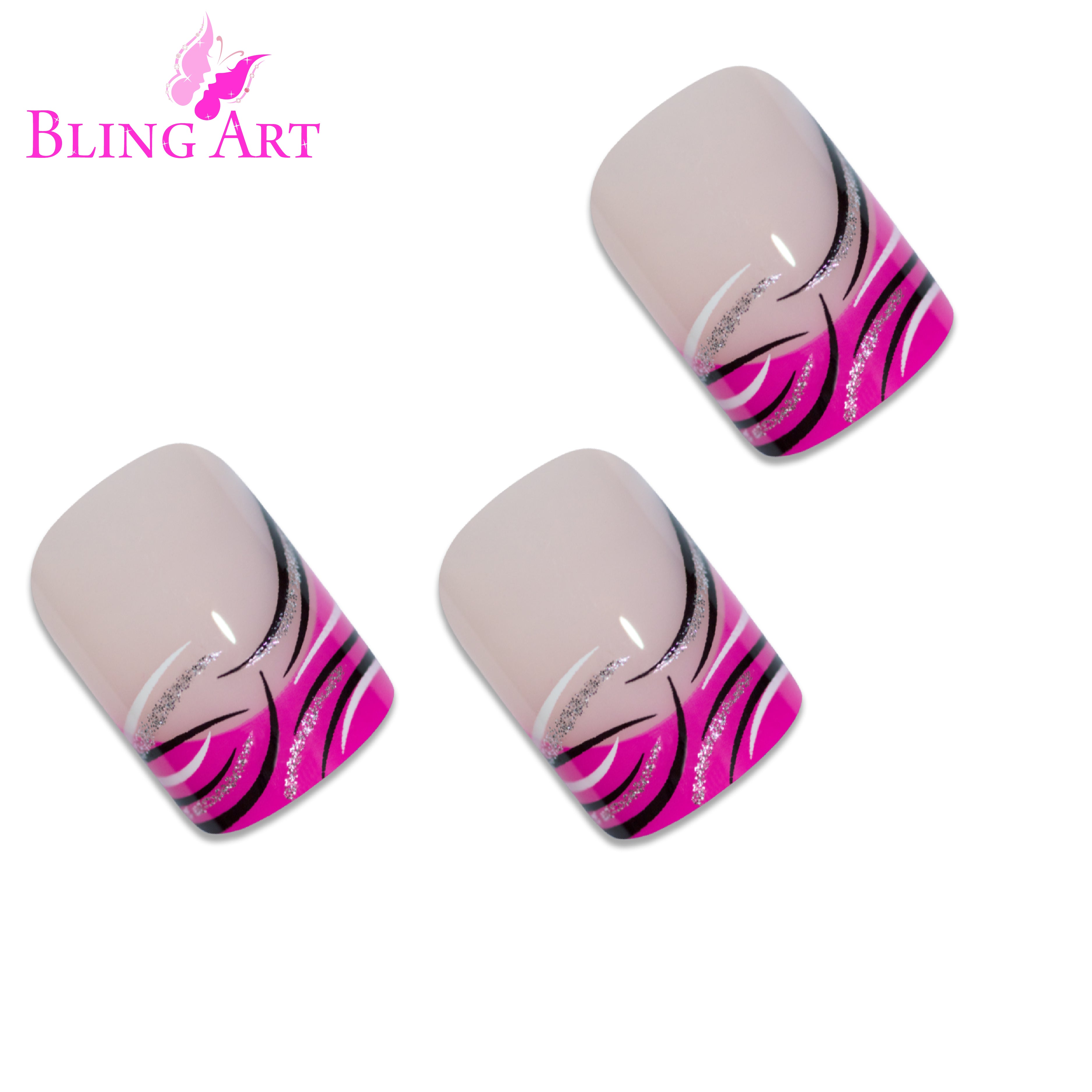 Bling Art Pink glitter French manicure press-on nail set packaging — 24 nails, 12 sizes XS-XXL, file and cuticle stick included. Glue not included.