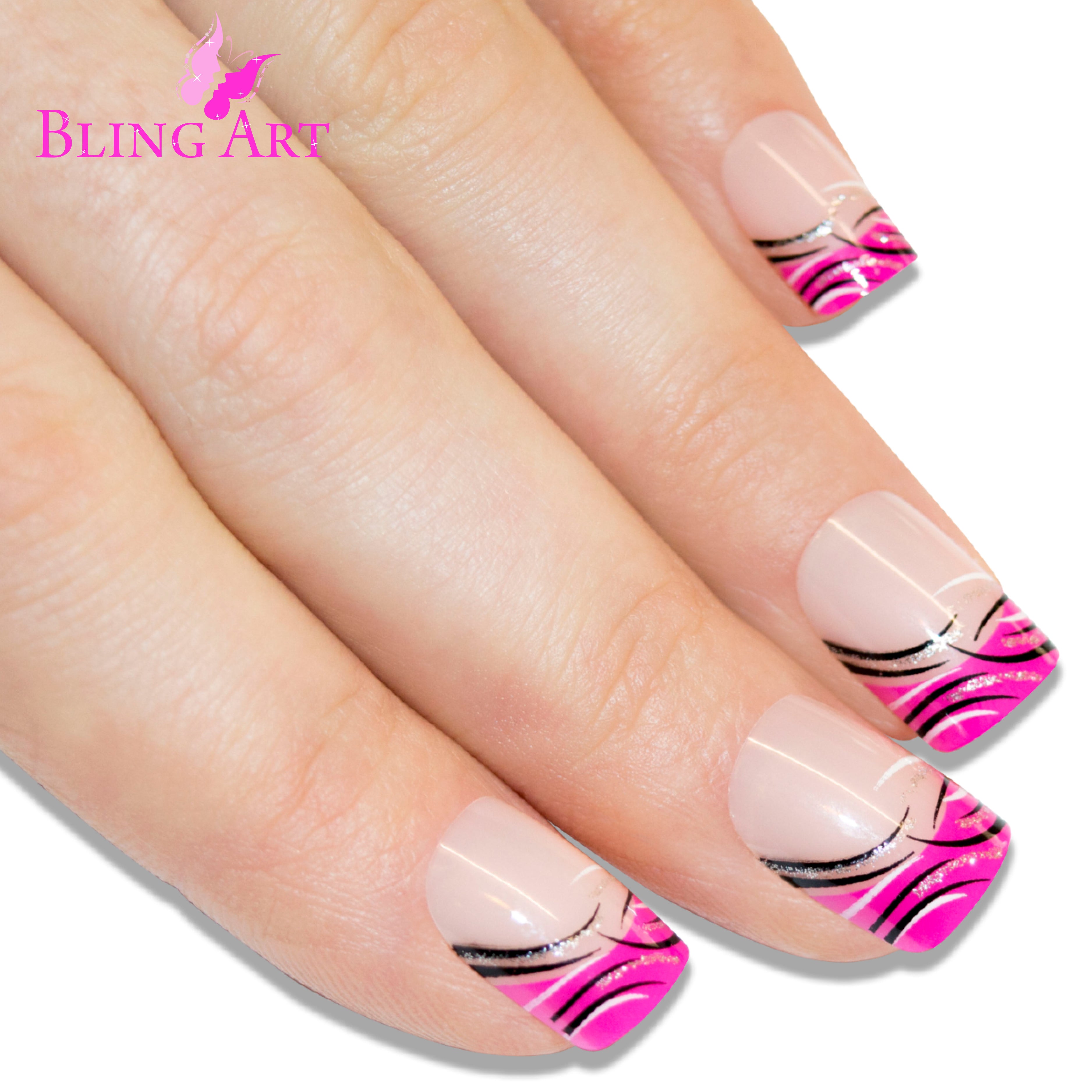 Pink glitter French manicure Bling Art press-on nails — additional product view showing the pink-and-sparkle French silhouette.