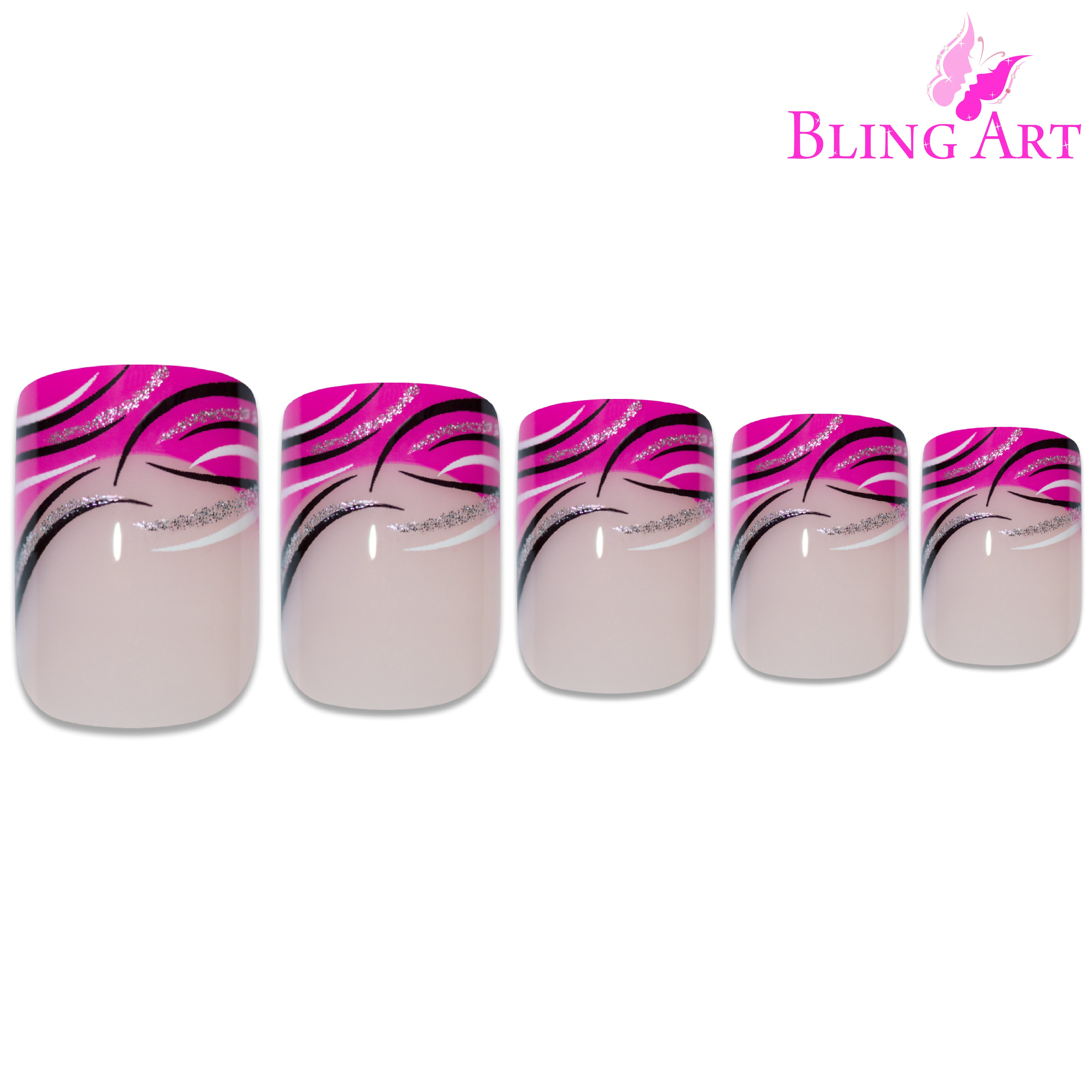 Pink glitter French manicure Bling Art press-on nails — alternative angle revealing the glitter and French tip definition.
