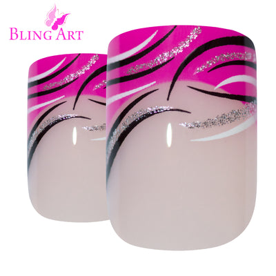 Pink glitter French manicure Bling Art press-on nails — worn-hand close-up showing the pink sparkle French tip on medium-length tips.
