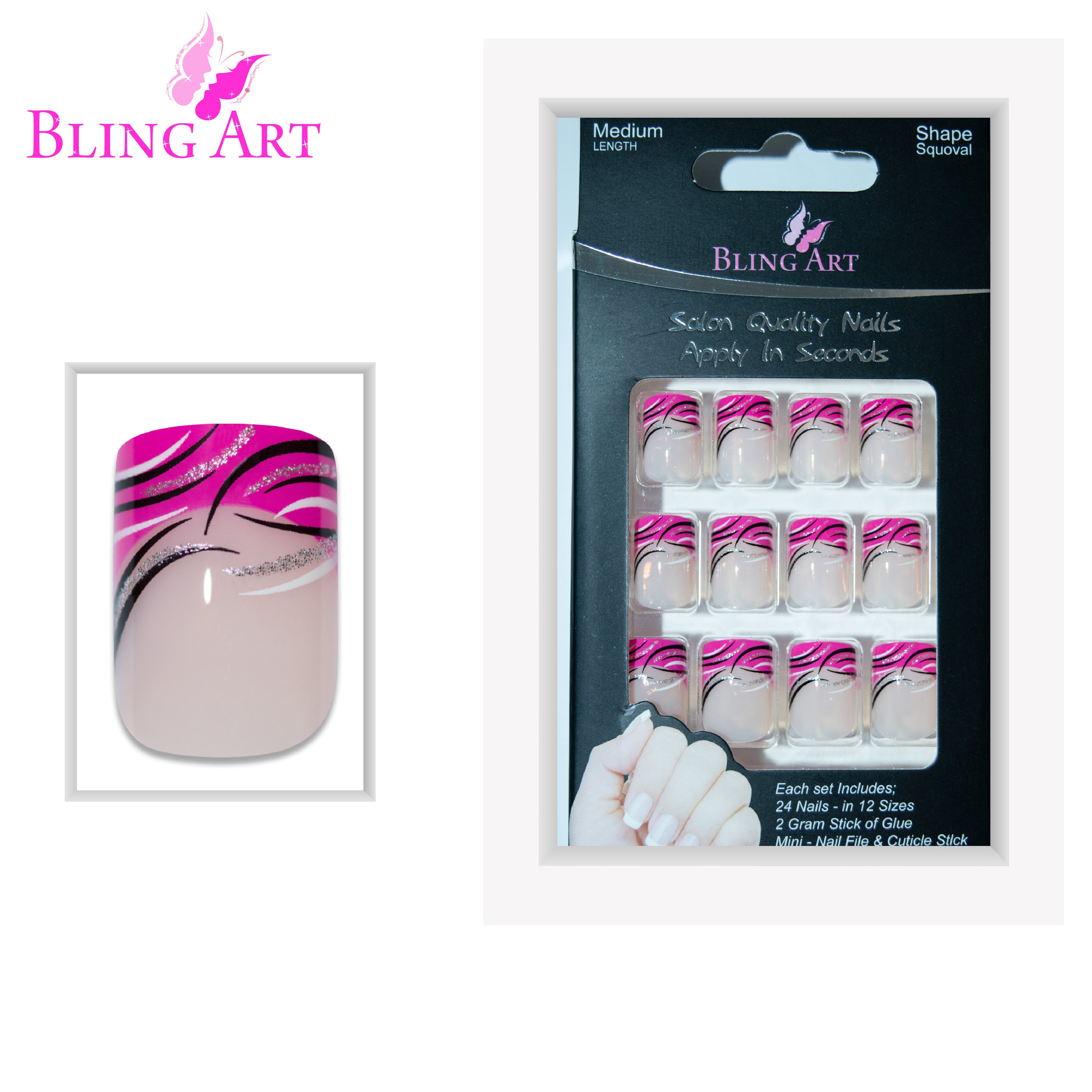 Pink glitter French manicure Bling Art press-on nails — full-hand reveal showing all 24 nails for summer events and date nights.