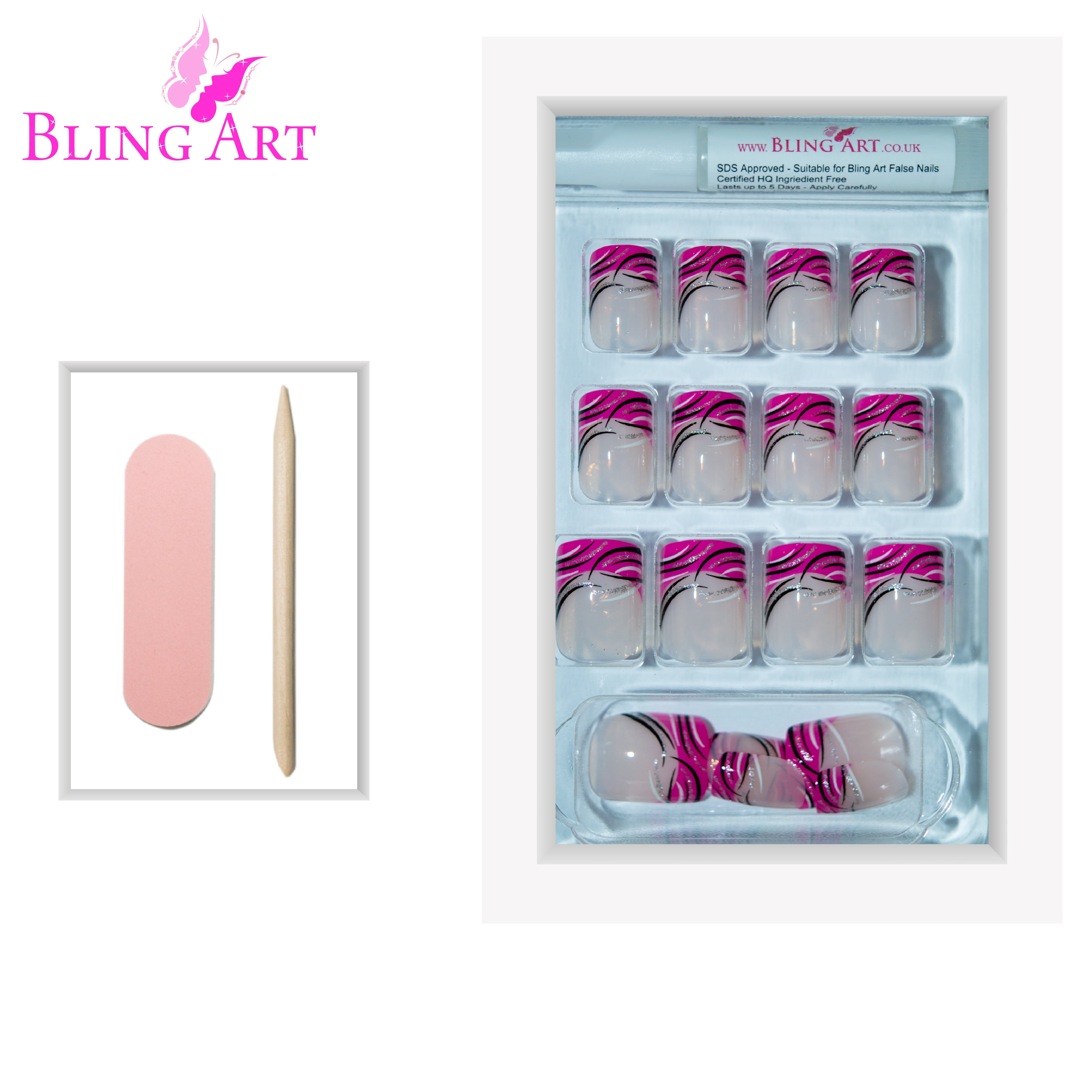 Pink glitter French manicure Bling Art press-on nails — lifestyle context shot showing the feminine pink sparkle French.