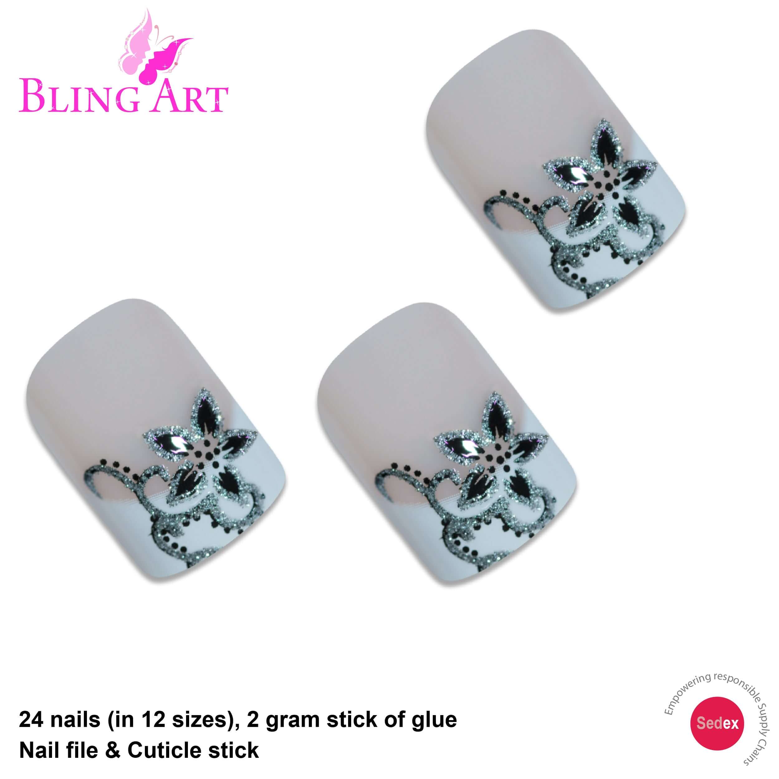 Multipack - False Nails by Bling Art Black White Flower French Manicure Fake Medium Tips with Glue