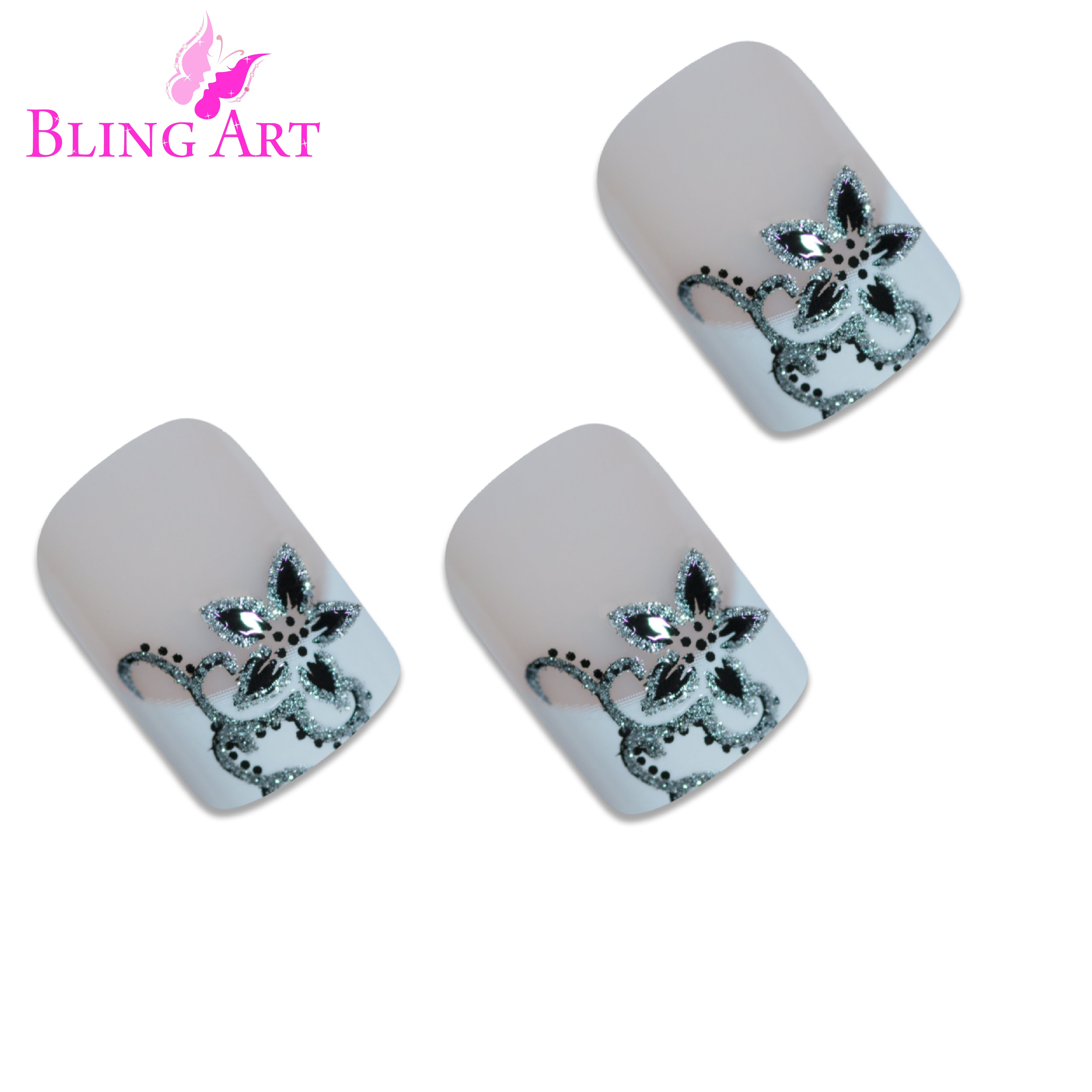 Bling Art Black White French manicure press-on nail set packaging — 24 nails, 12 sizes XS-XXL, file and cuticle stick included. Glue not included.