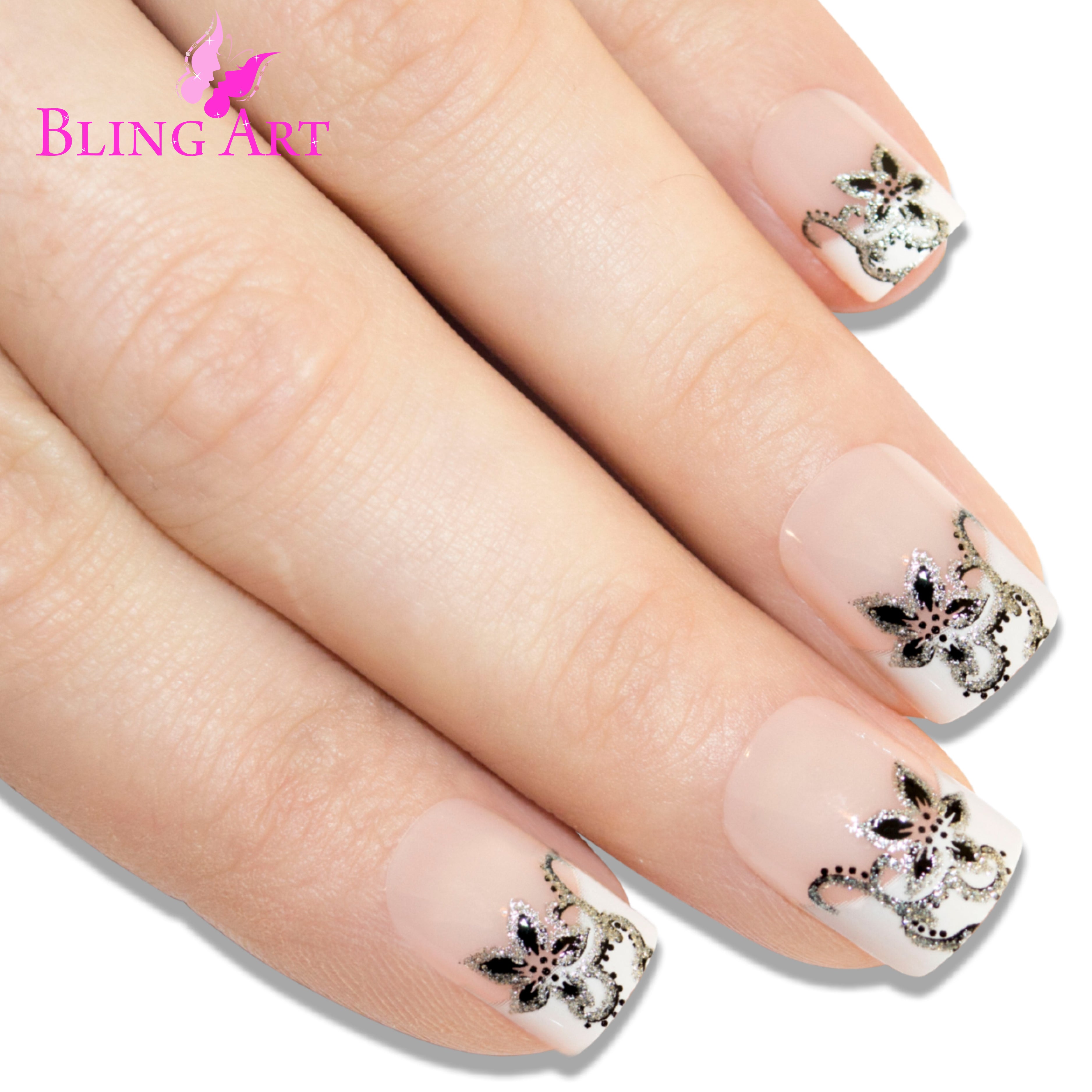 Black White French manicure Bling Art press-on nails — additional product view showing the floral-tipped French silhouette.