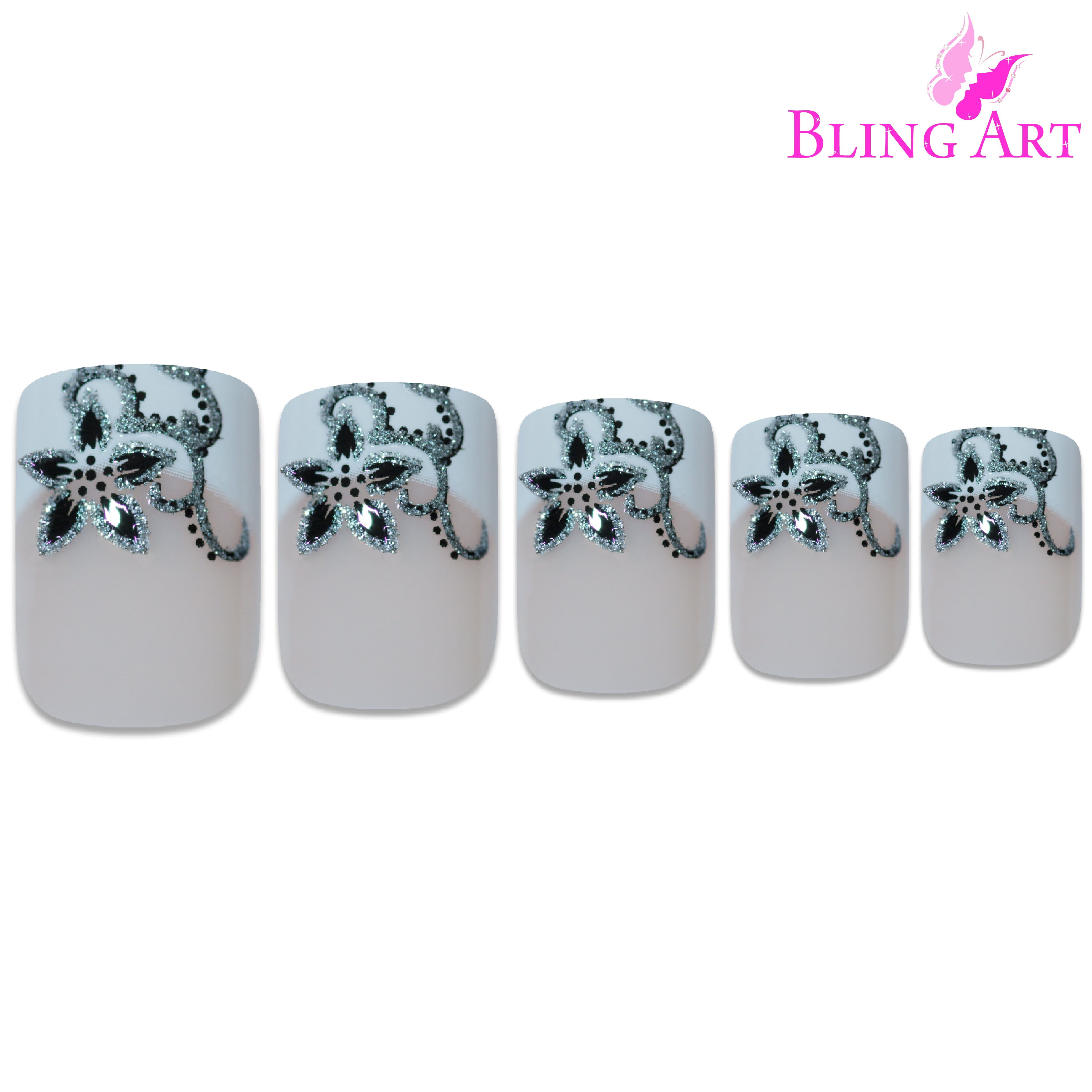 Black White French manicure Bling Art press-on nails — lifestyle context shot showing the playful black-and-white floral statement.