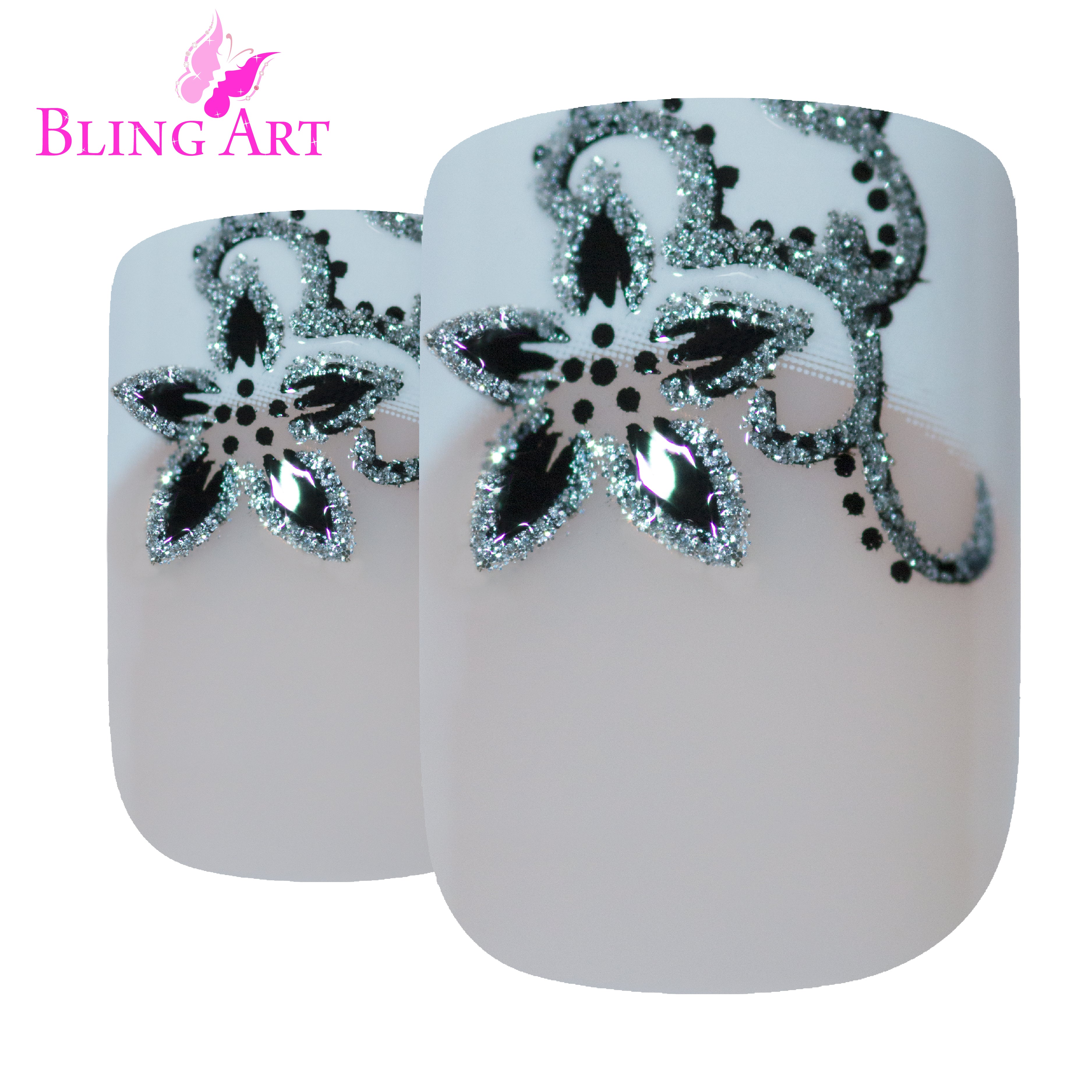 Black White French manicure Bling Art press-on nails — worn-hand close-up showing the black-and-white flower-tip French on medium-length tips.
