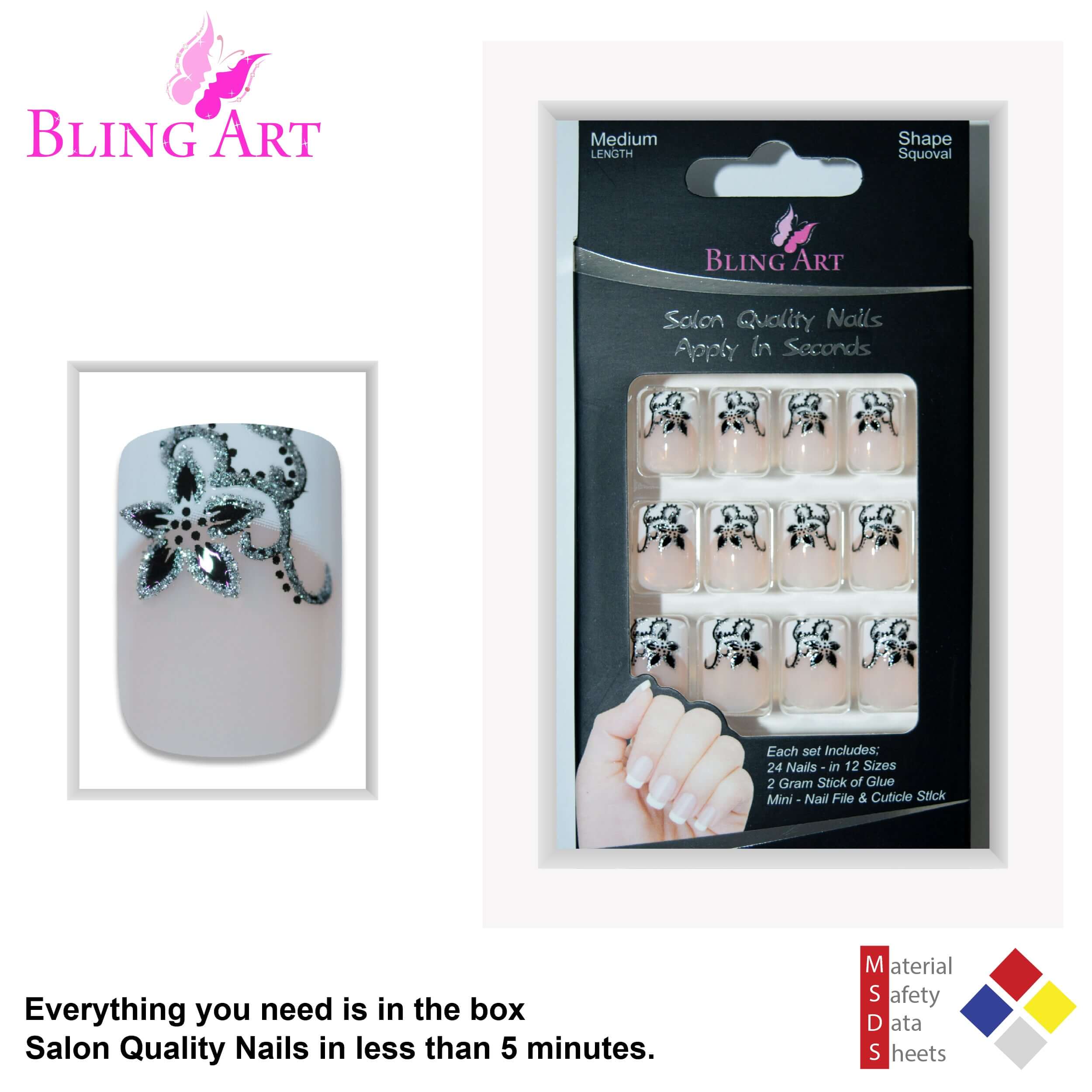 Multipack - False Nails by Bling Art Black White Flower French Manicure Fake Medium Tips with Glue